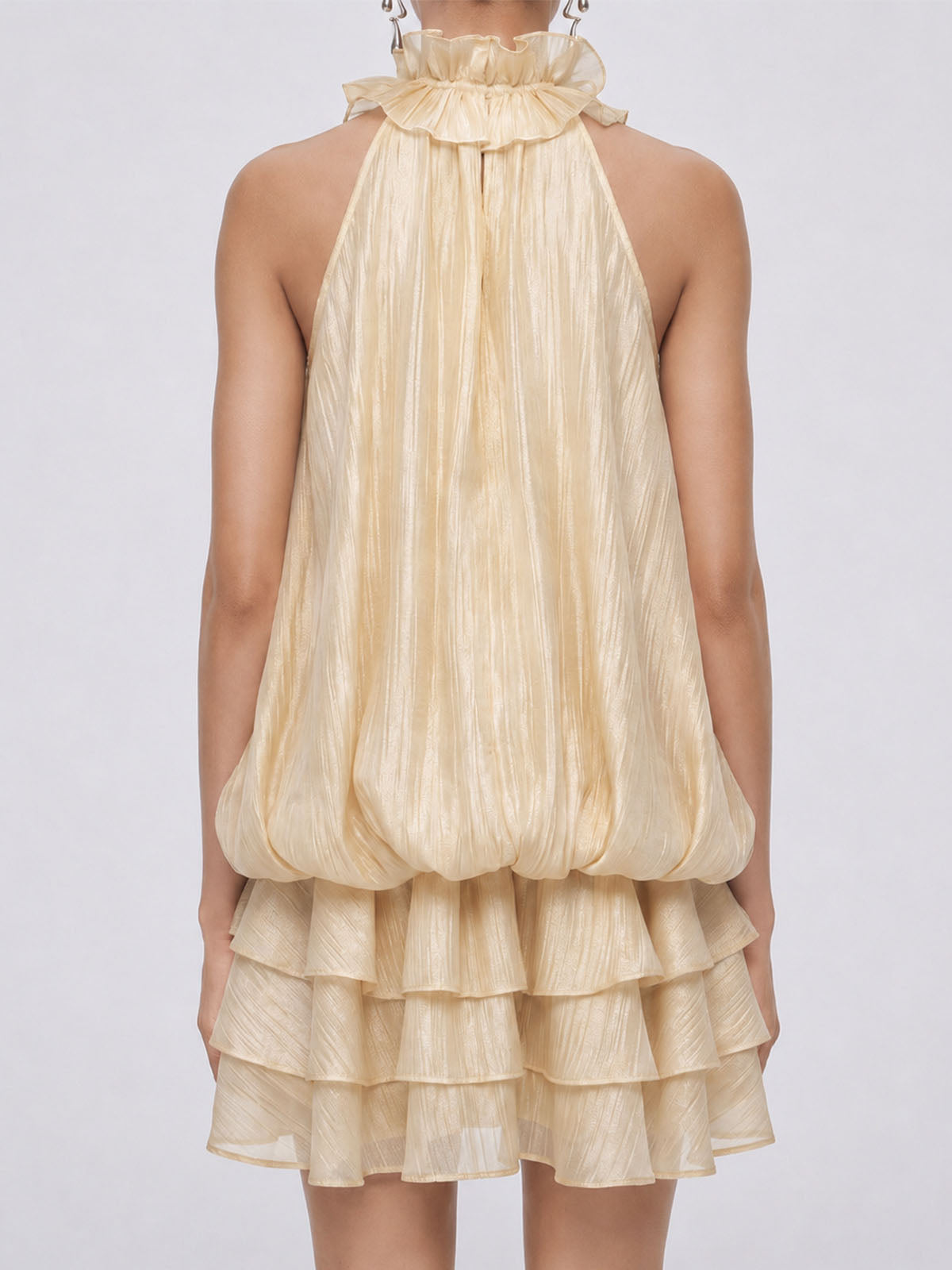 Flowy Layer Ruffle V Neck Sleeveless 3D Flower Mini Dress - Champagne