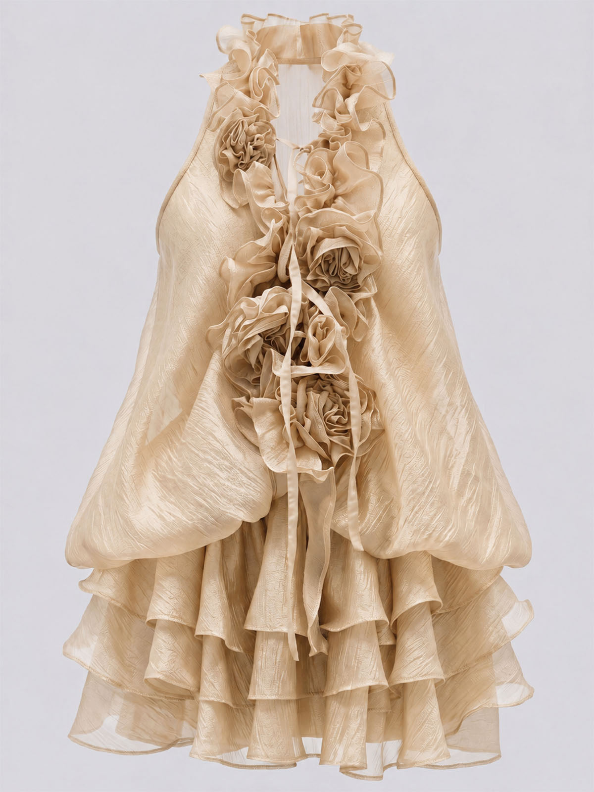 Flowy Layer Ruffle V Neck Sleeveless 3D Flower Mini Dress - Champagne