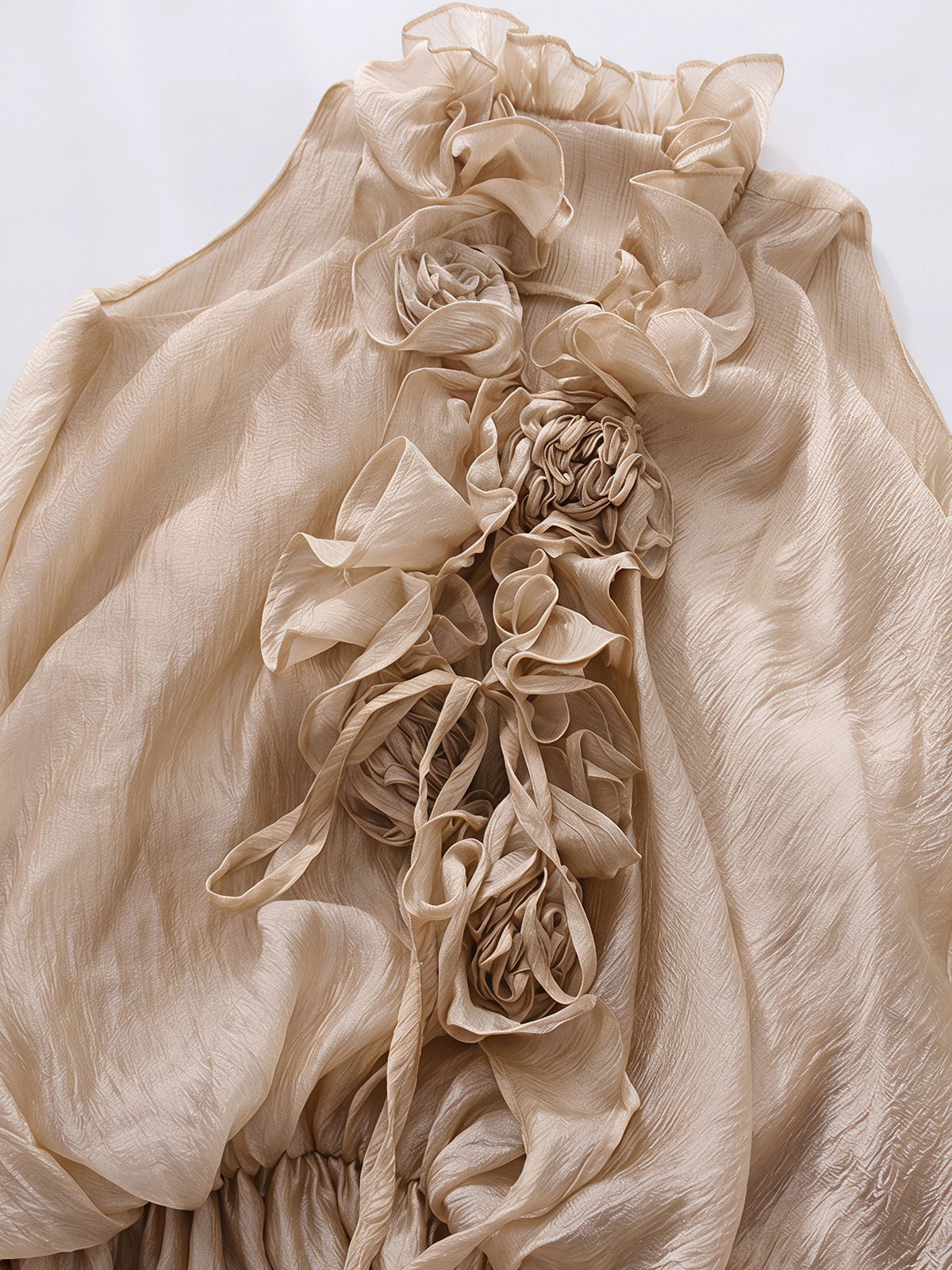 Flowy Layer Ruffle V Neck Sleeveless 3D Flower Mini Dress - Champagne