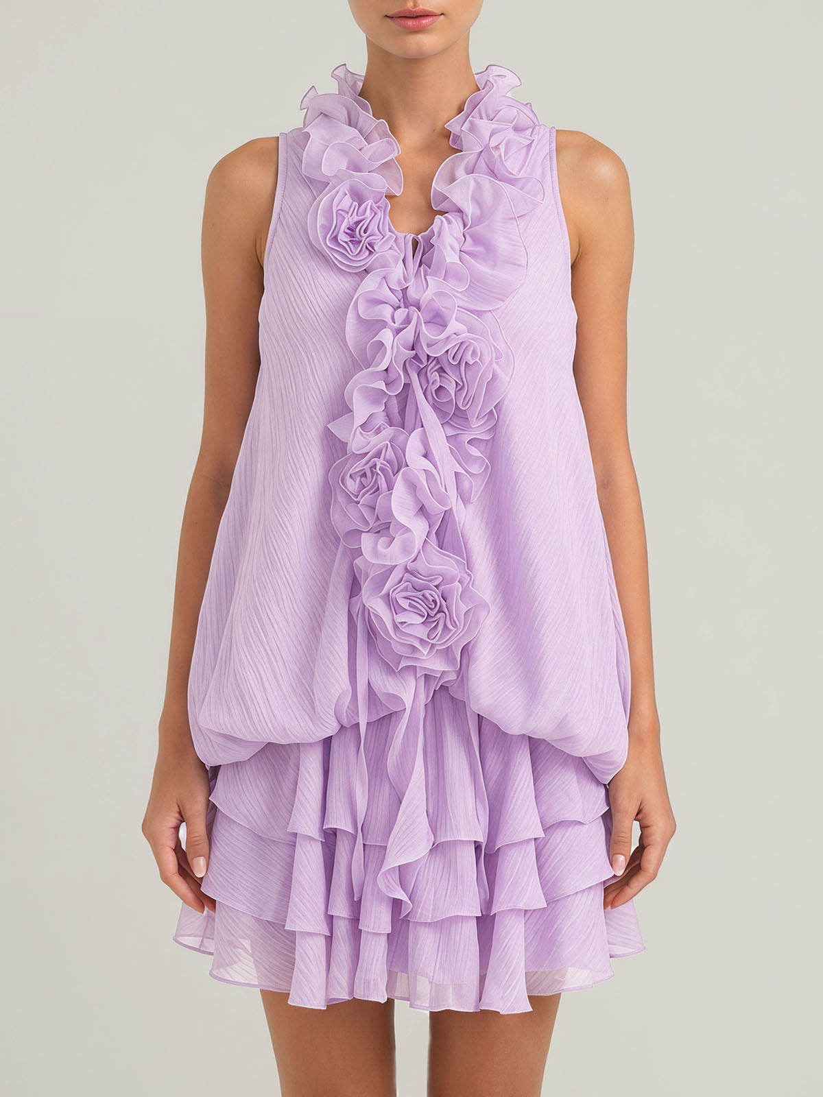 Flowy Layer Ruffle V Neck Sleeveless 3D Flower Mini Dress - Purple