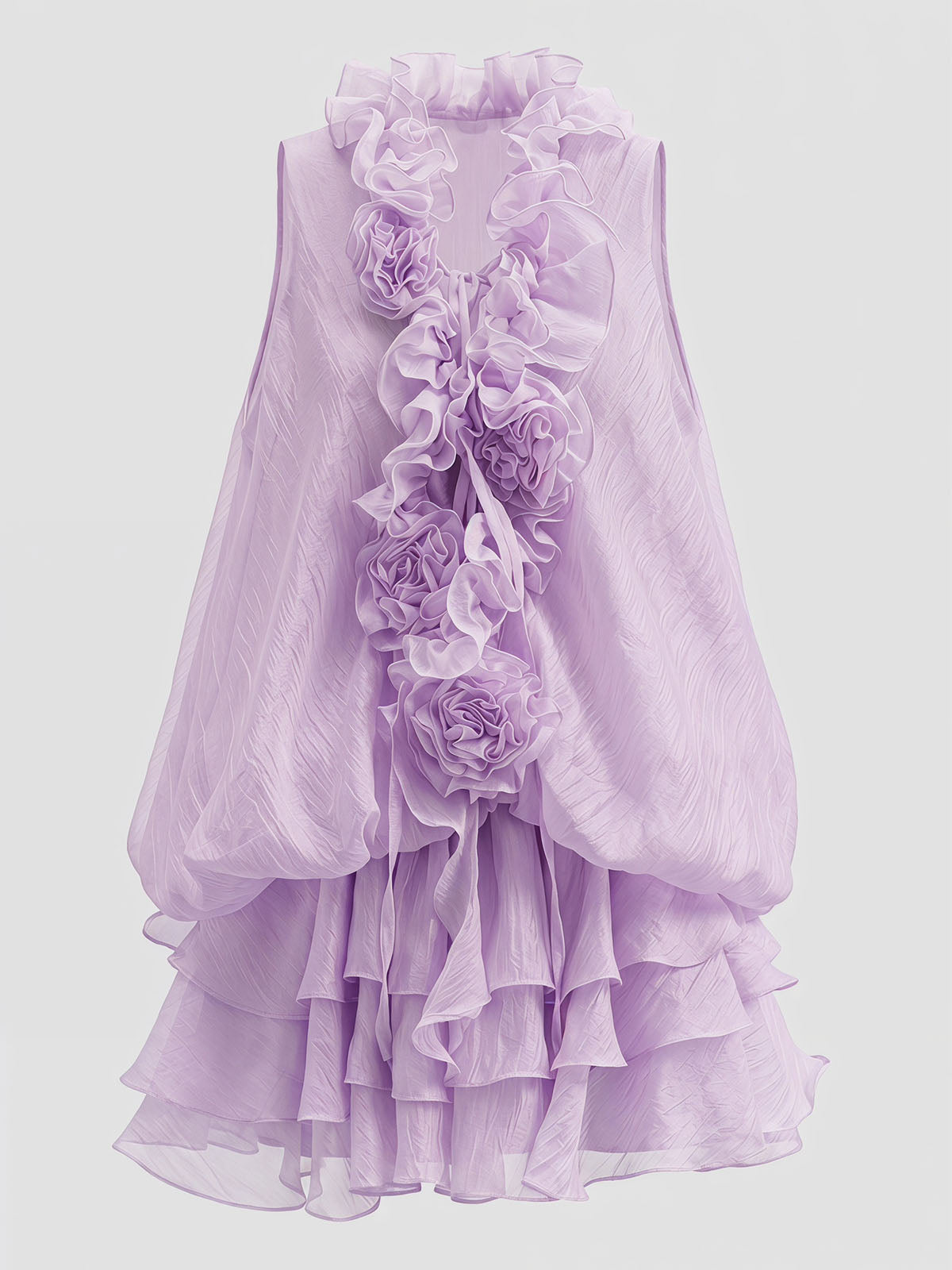 Flowy Layer Ruffle V Neck Sleeveless 3D Flower Mini Dress - Purple