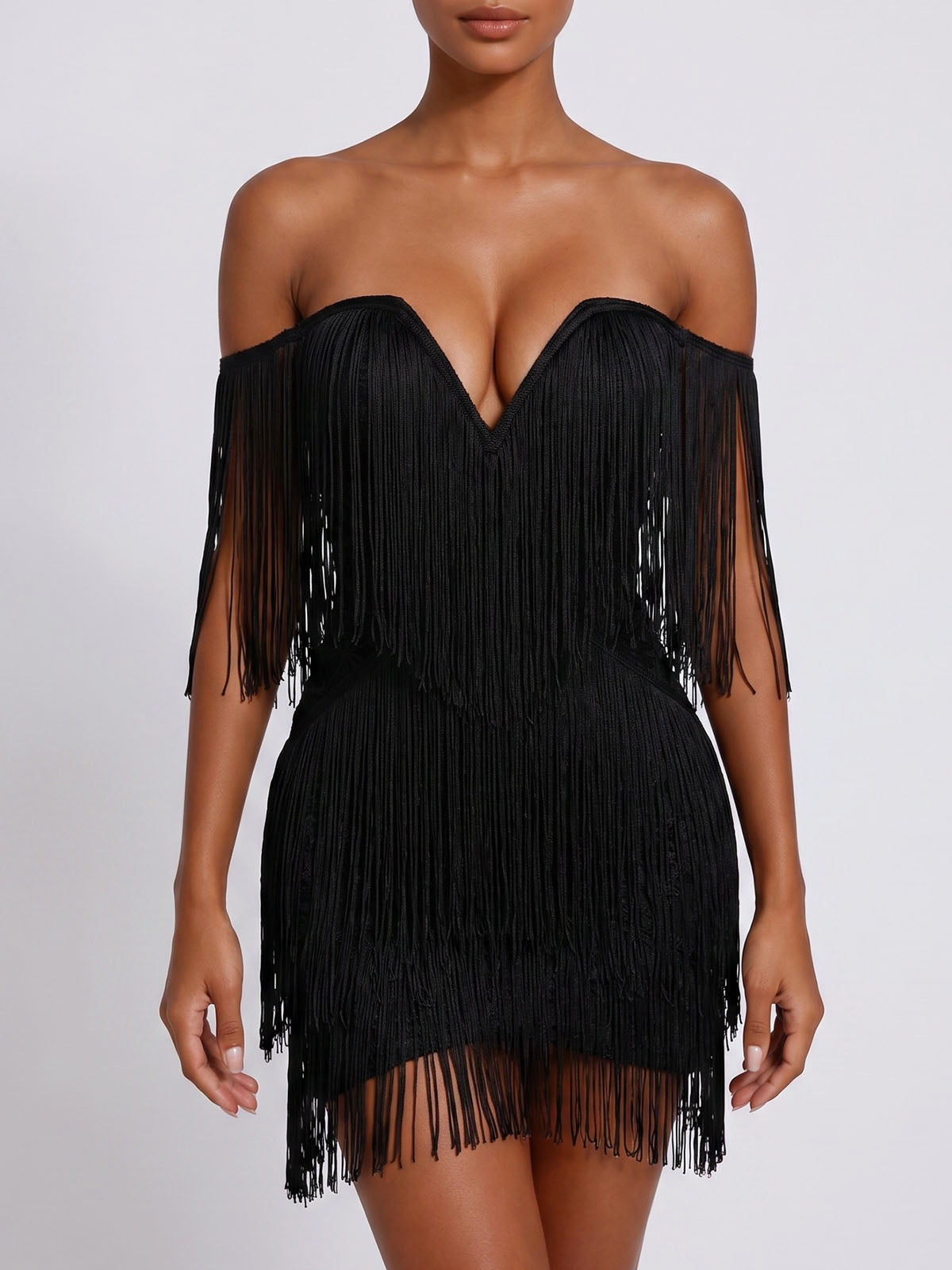 Flowy Off Shoulder Bodycon Bandage Fringe Party Mini Dress - Black