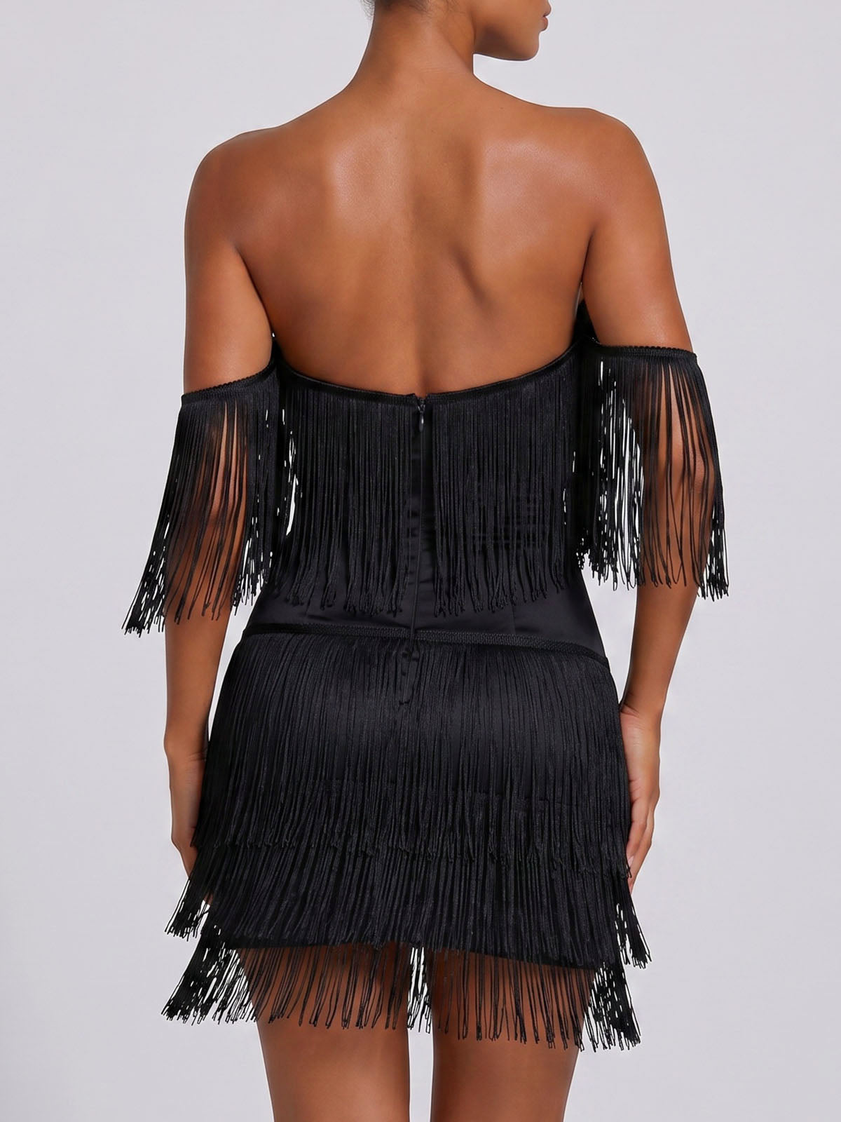 Flowy Off Shoulder Bodycon Bandage Fringe Party Mini Dress - Black
