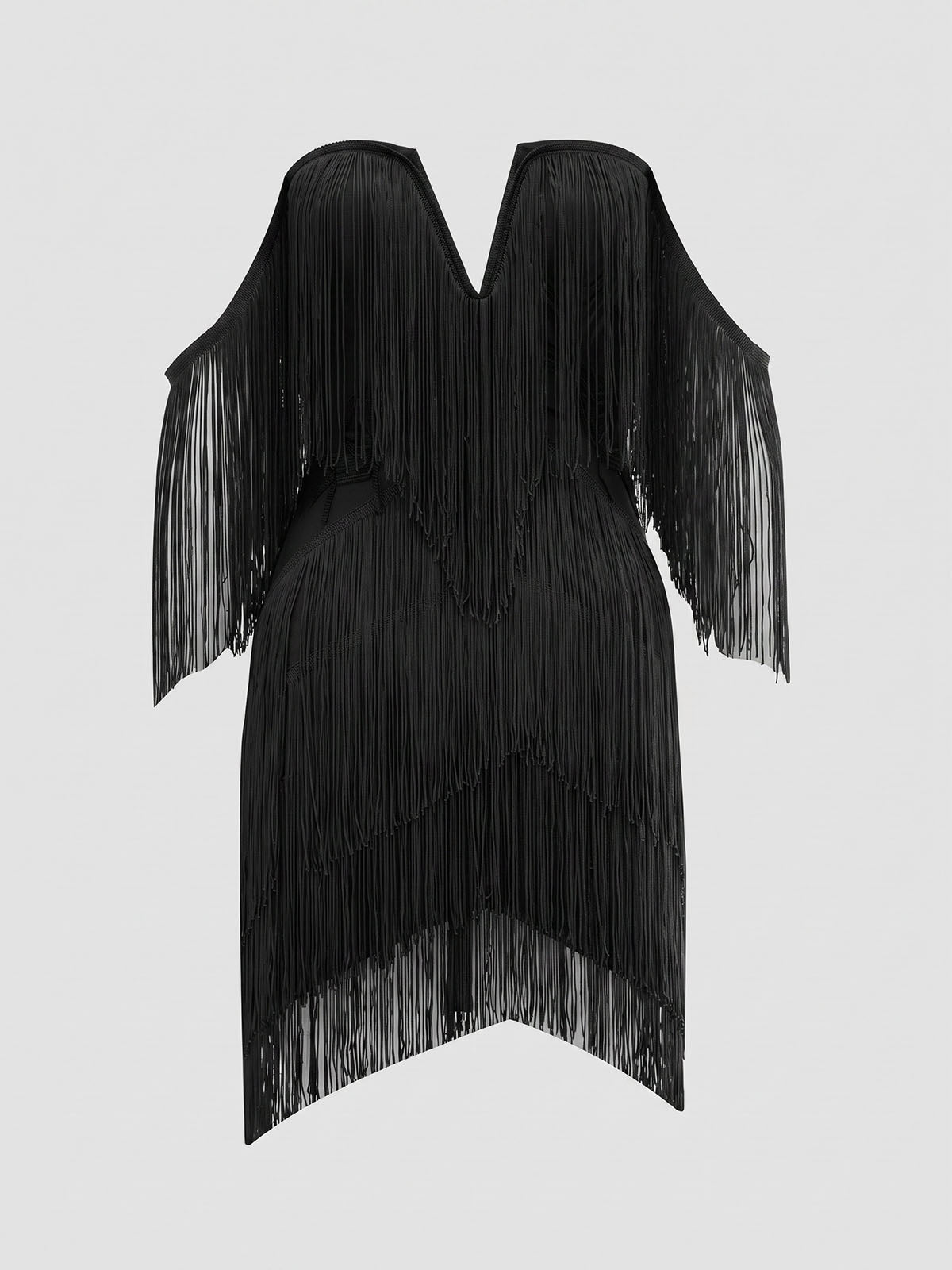 Flowy Off Shoulder Bodycon Bandage Fringe Party Mini Dress - Black