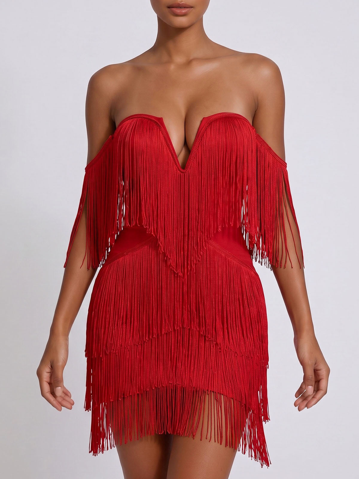 Flowy Off Shoulder Bodycon Bandage Fringe Party Mini Dress - Red
