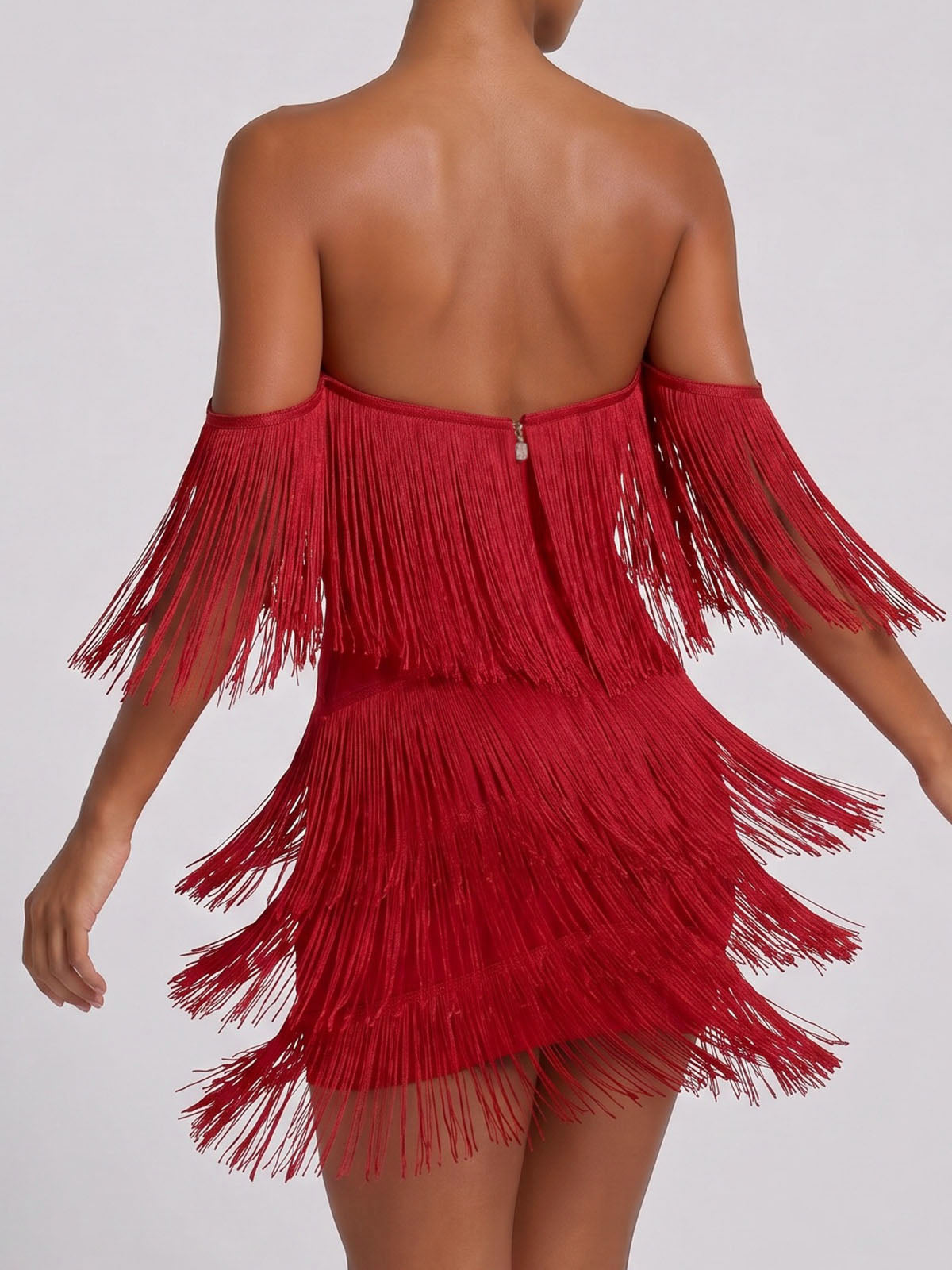 Flowy Off Shoulder Bodycon Bandage Fringe Party Mini Dress - Red