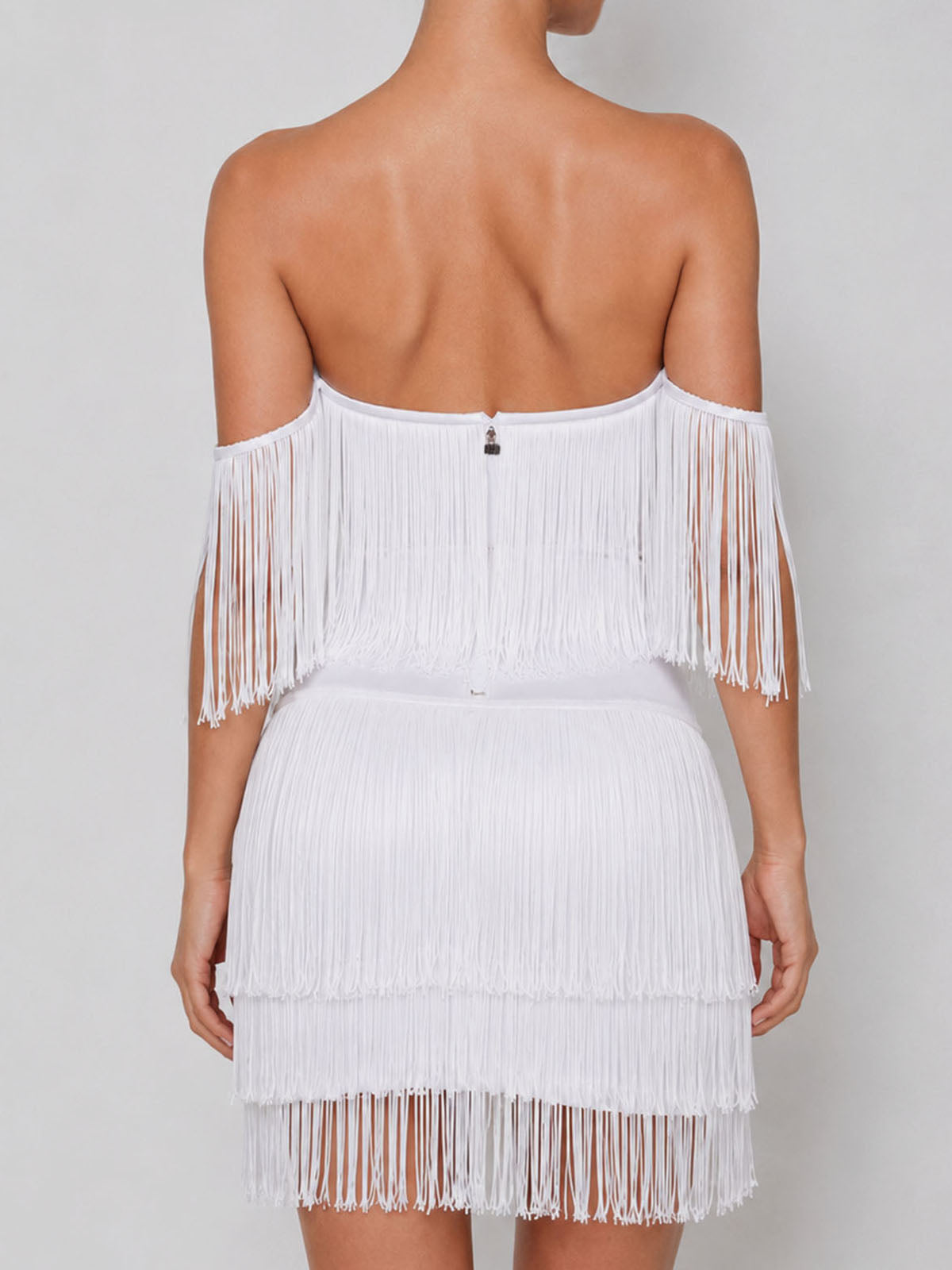 Flowy Off Shoulder Bodycon Bandage Fringe Party Mini Dress - White