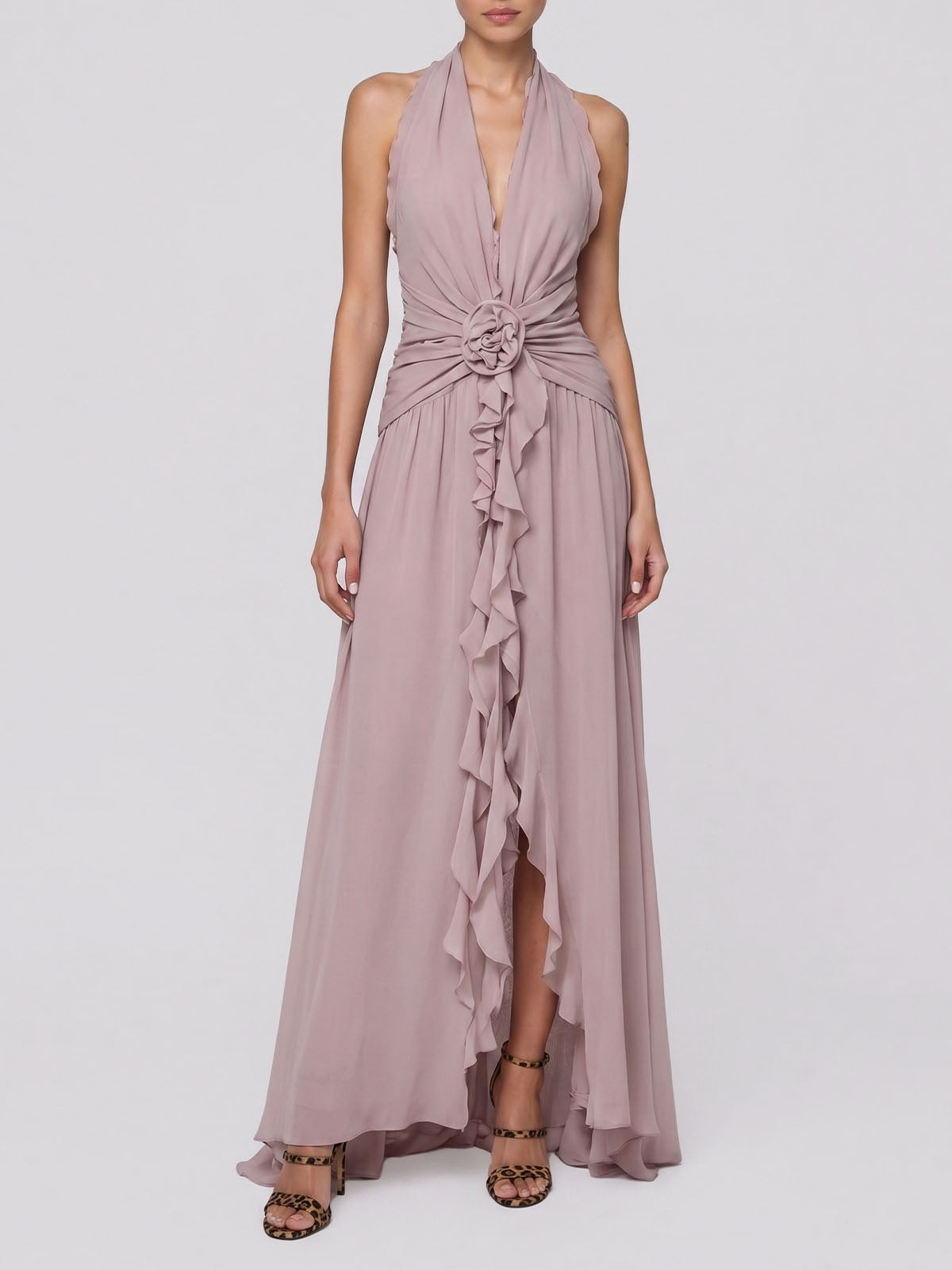 Flowy Plunge Halter Backless Ruffle Chiffon Flower Maxi Dress - Mauve
