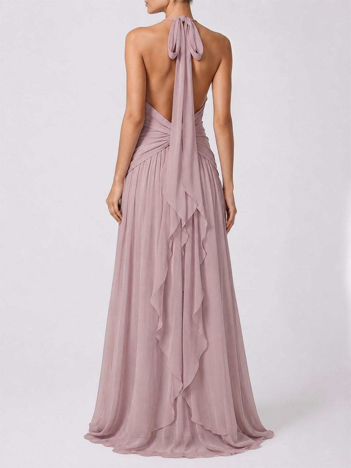 Flowy Plunge Halter Backless Ruffle Chiffon Flower Maxi Dress - Mauve
