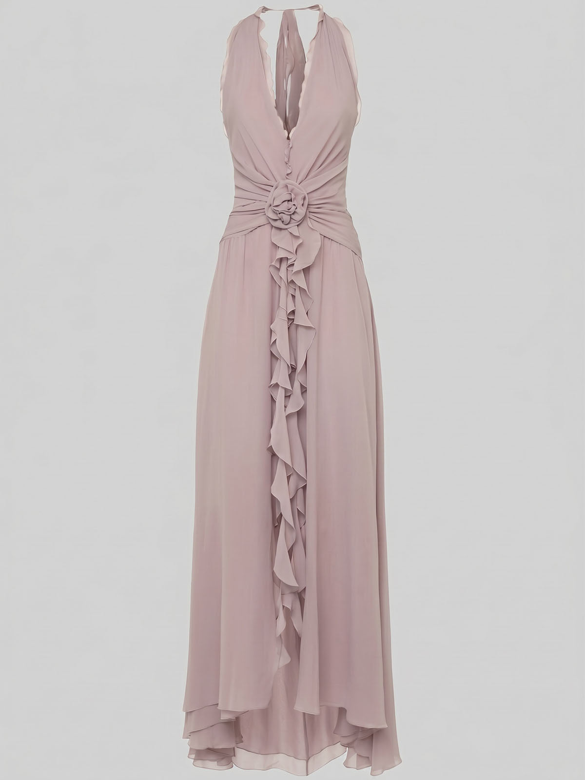 Flowy Plunge Halter Backless Ruffle Chiffon Flower Maxi Dress - Mauve