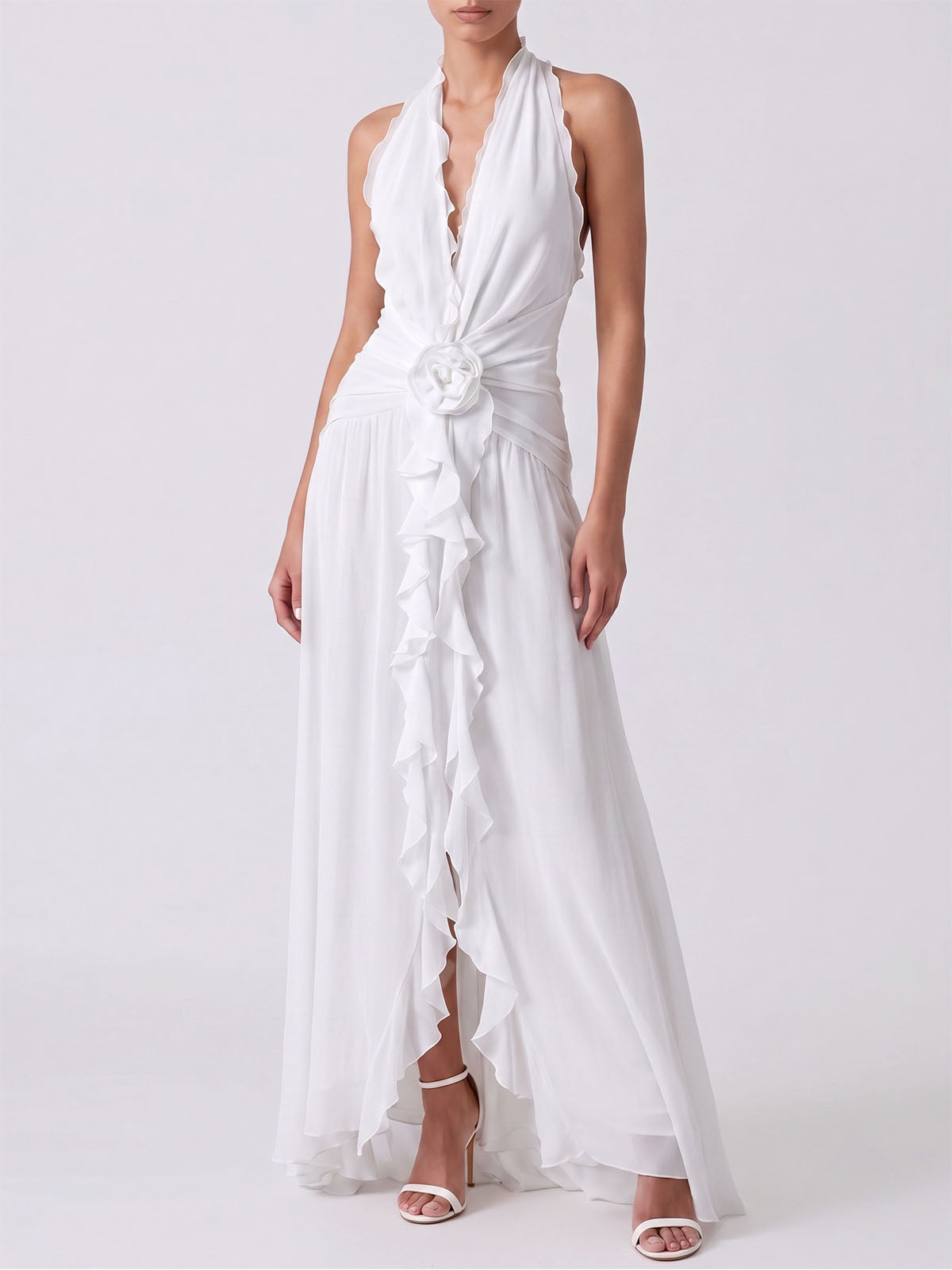 Flowy Plunge Halter Backless Ruffle Chiffon Flower Maxi Dress - White