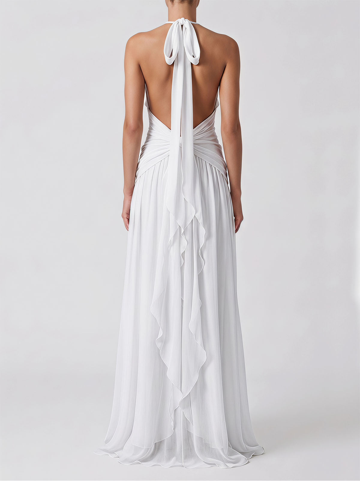 Flowy Plunge Halter Backless Ruffle Chiffon Flower Maxi Dress - White