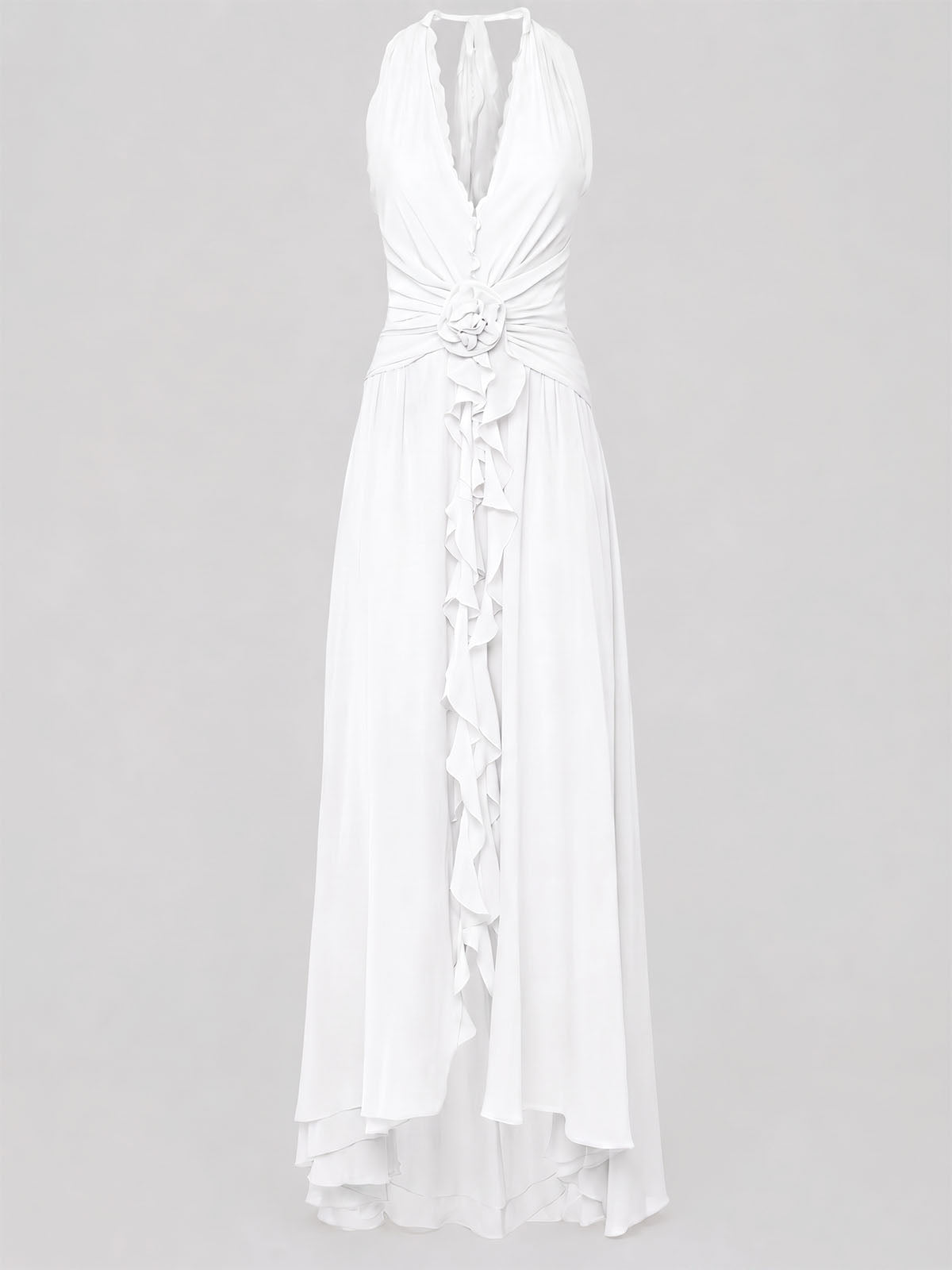 Flowy Plunge Halter Backless Ruffle Chiffon Flower Maxi Dress - White