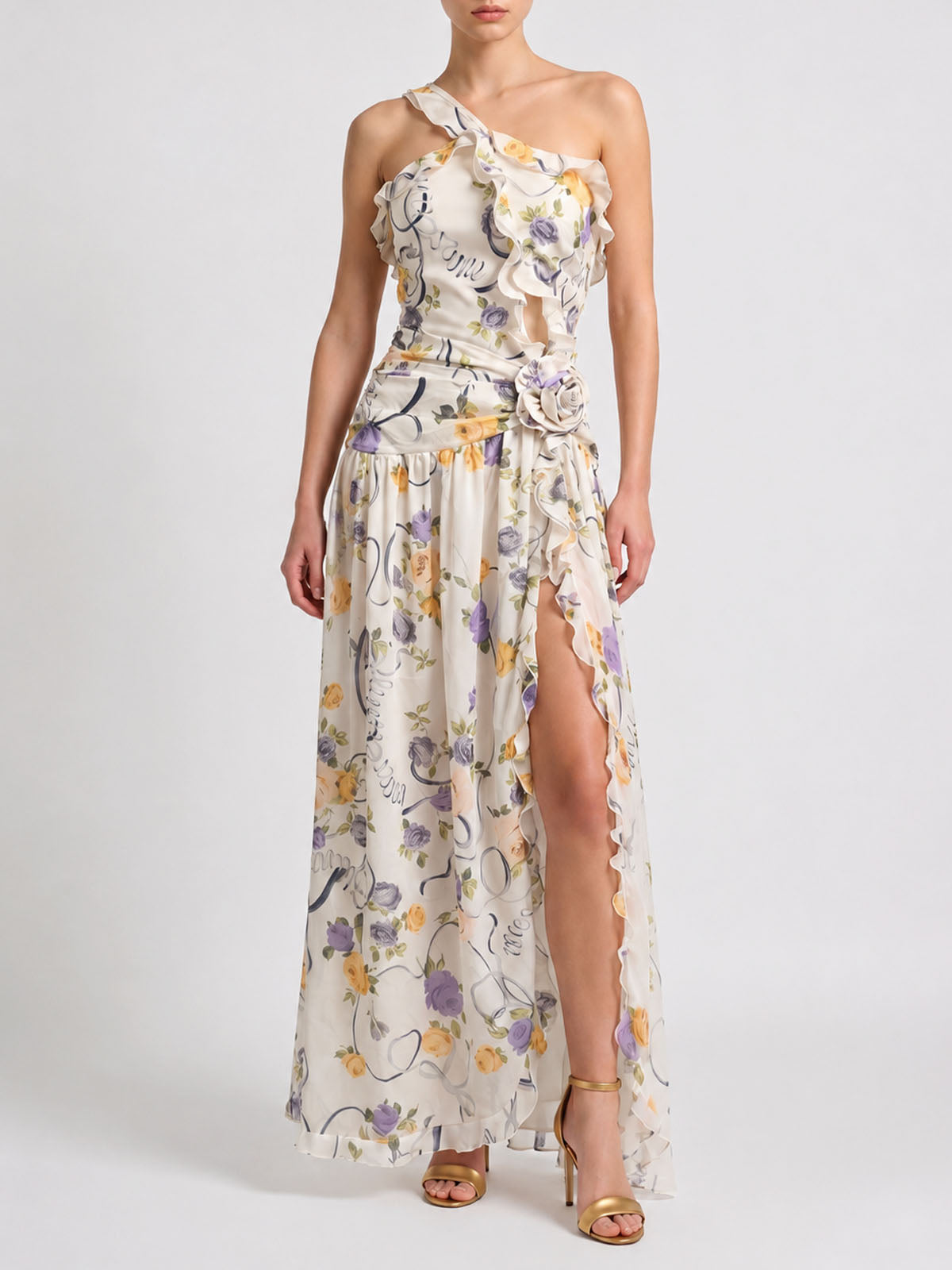Flowy Ruffle One Shoulder Slit Cut Out Chiffon Floral Maxi Dress - Ivory