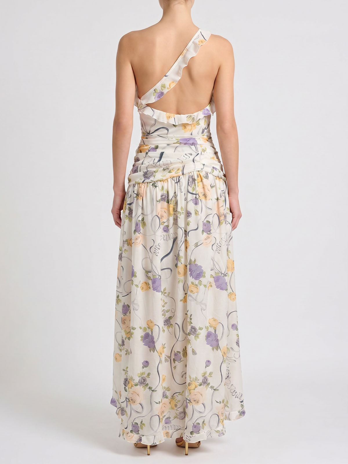 Flowy Ruffle One Shoulder Slit Cut Out Chiffon Floral Maxi Dress - Ivory