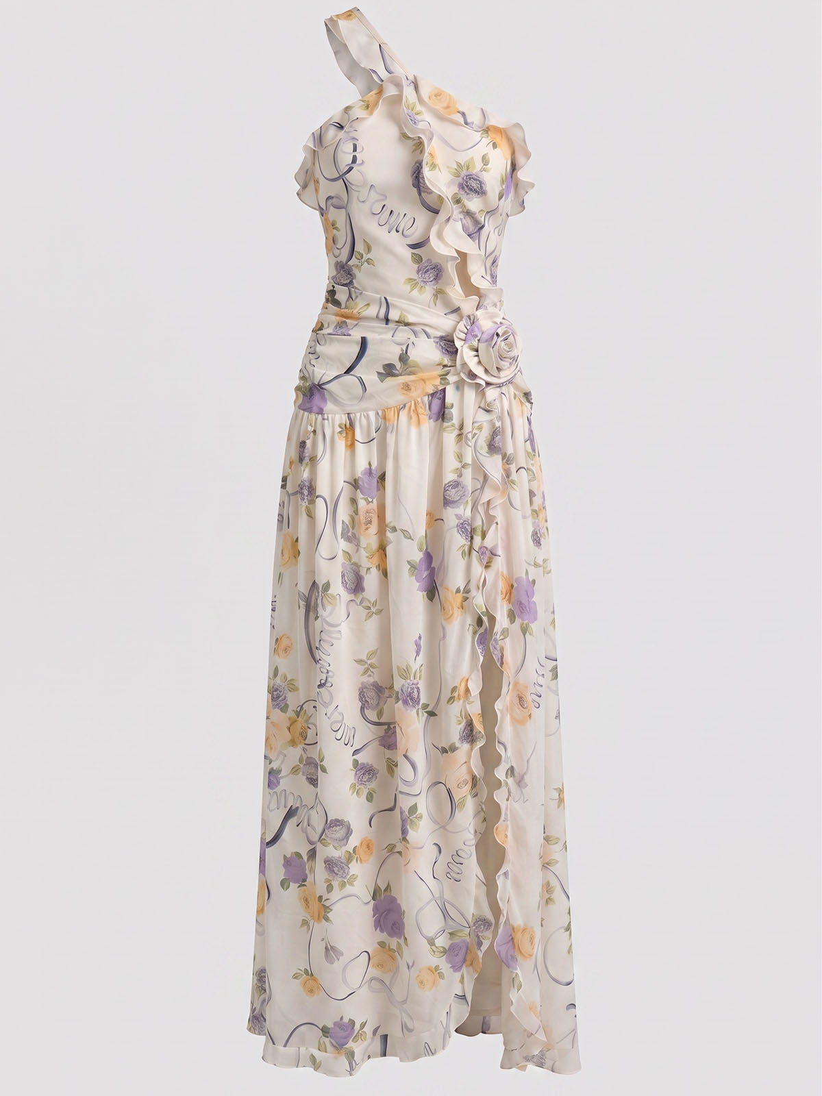 Flowy Ruffle One Shoulder Slit Cut Out Chiffon Floral Maxi Dress - Ivory