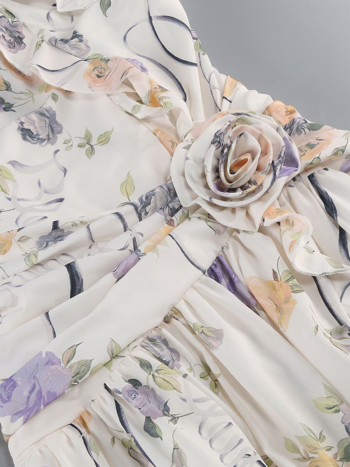 Flowy Ruffle One Shoulder Slit Cut Out Chiffon Floral Maxi Dress - Ivory