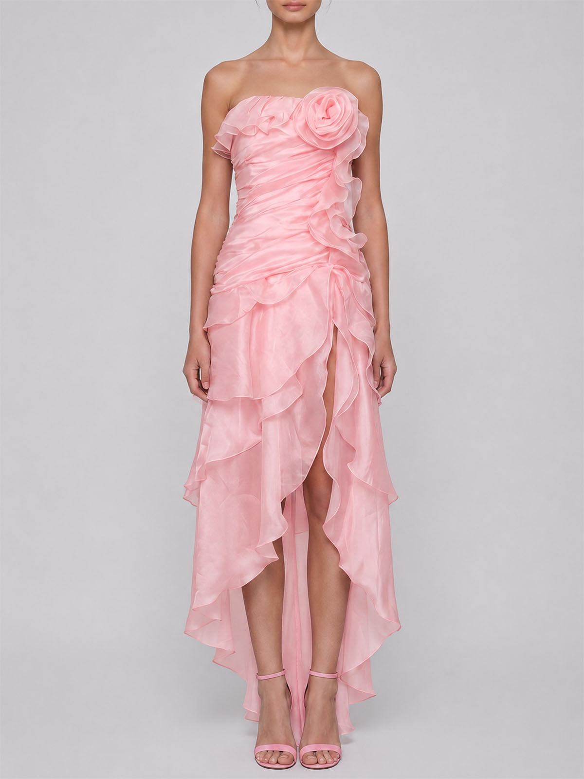 Flowy Ruffle Ruched Strapless Split High Low Flower Maxi Dress - Pink
