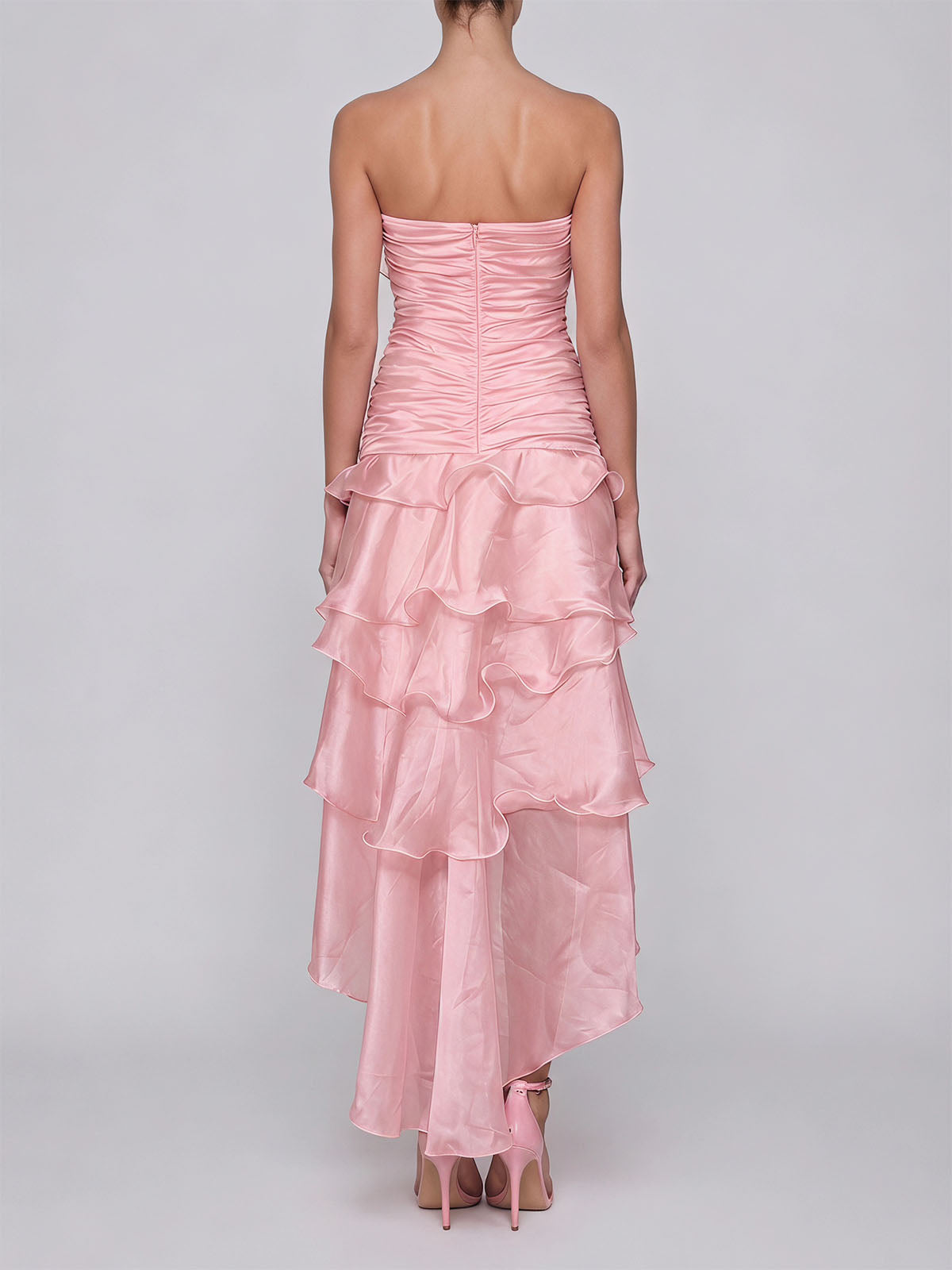 Flowy Ruffle Ruched Strapless Split High Low Flower Maxi Dress - Pink