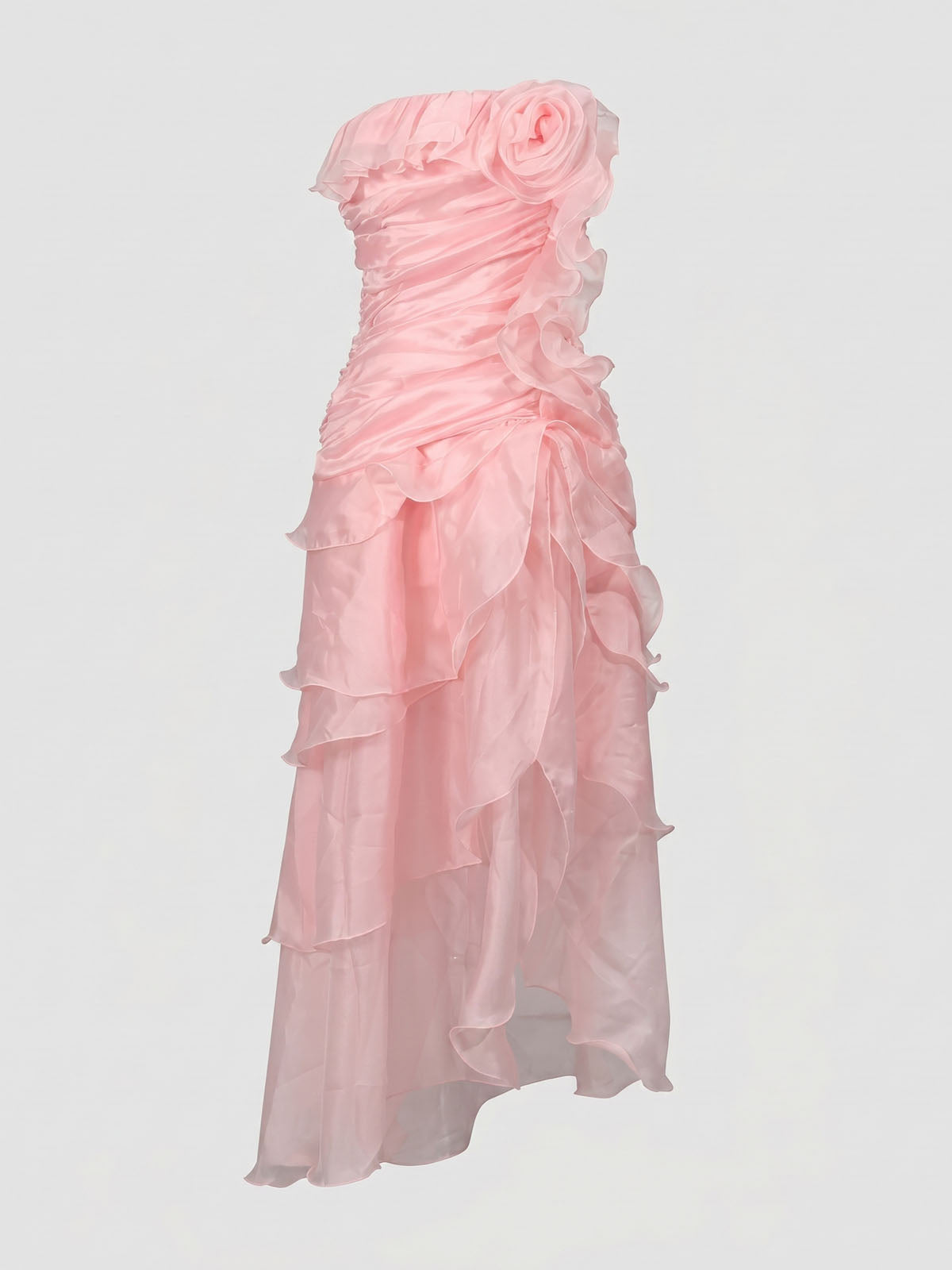Flowy Ruffle Ruched Strapless Split High Low Flower Maxi Dress - Pink