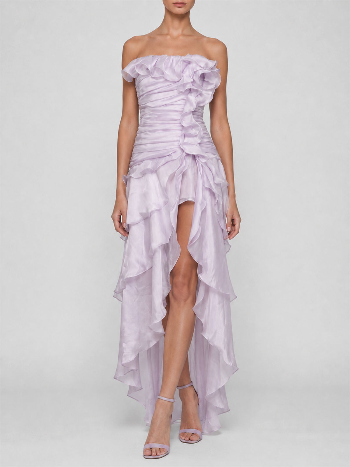 Flowy Ruffle Ruched Strapless Split High Low Flower Maxi Dress - Lavender