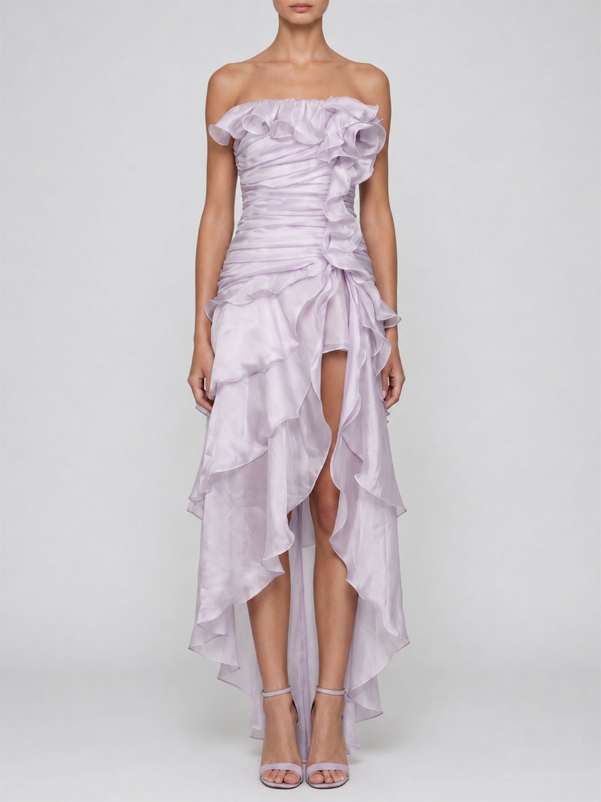 Flowy Ruffle Ruched Strapless Split High Low Flower Maxi Dress - Lavender