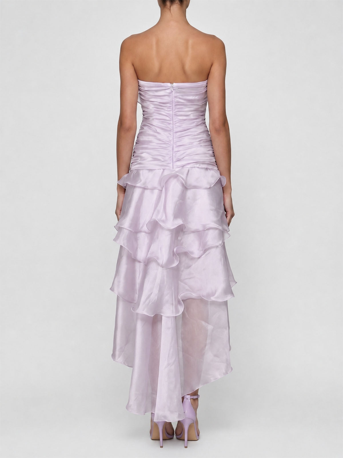 Flowy Ruffle Ruched Strapless Split High Low Flower Maxi Dress - Lavender