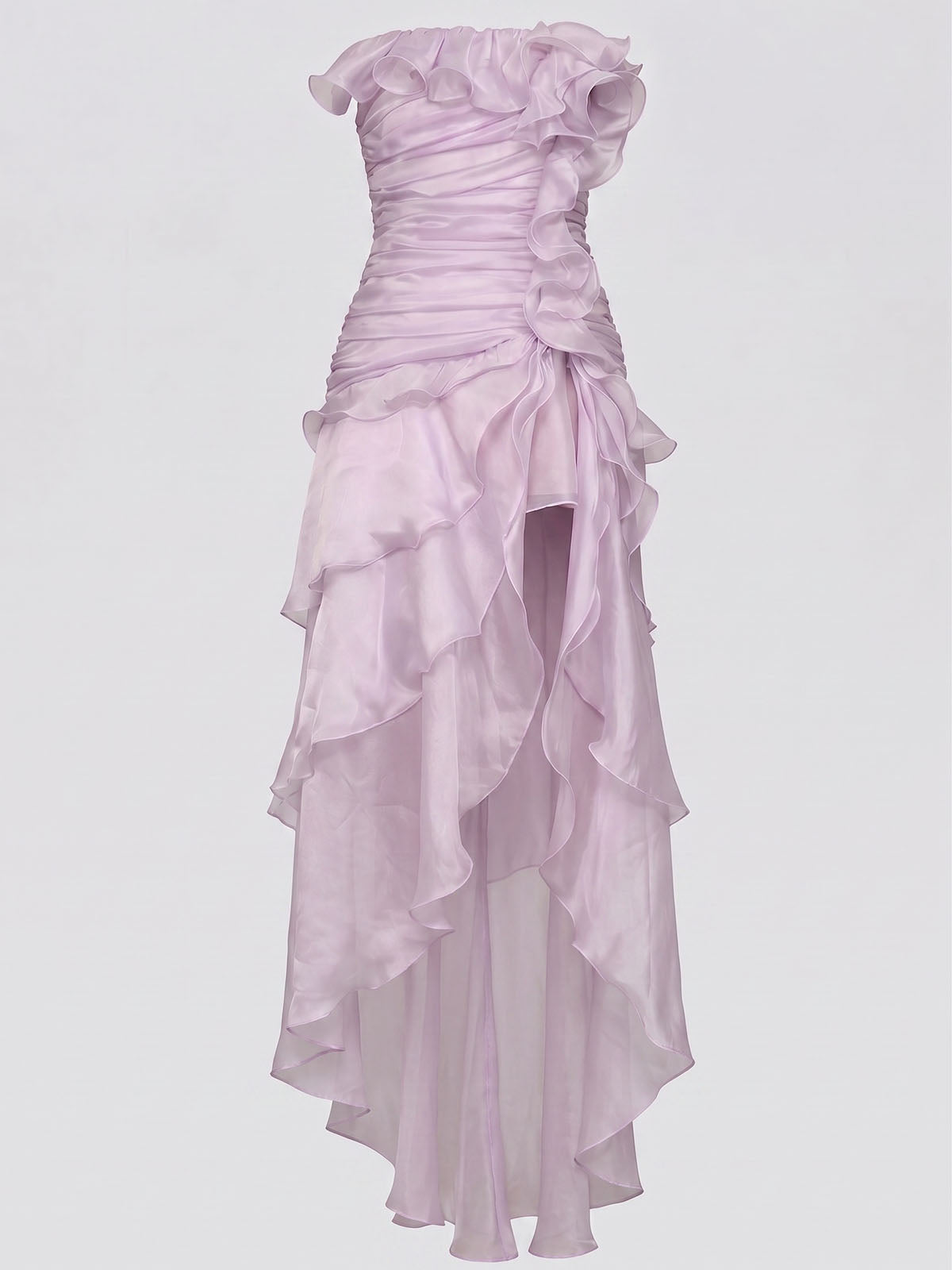 Flowy Ruffle Ruched Strapless Split High Low Flower Maxi Dress - Lavender