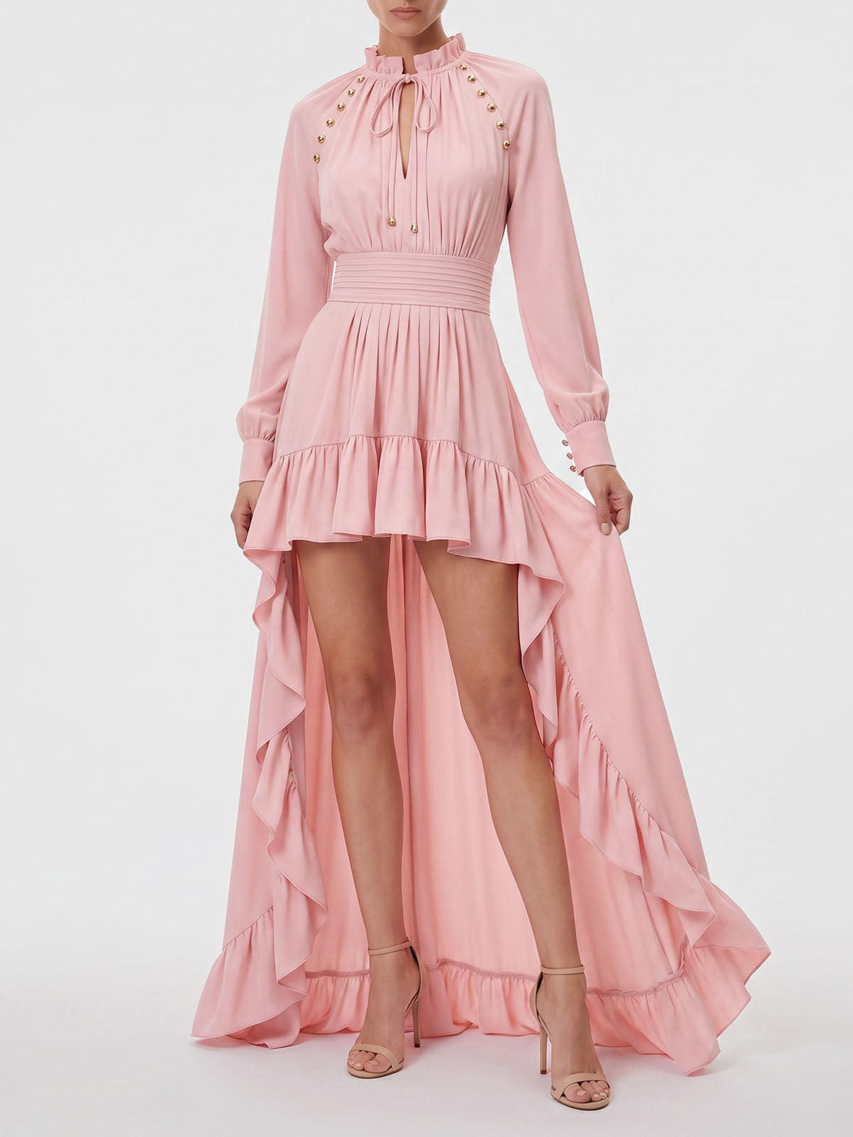 Flowy Ruffled Tie Neck Bishop Sleeve High Low Formal Dress - Pink