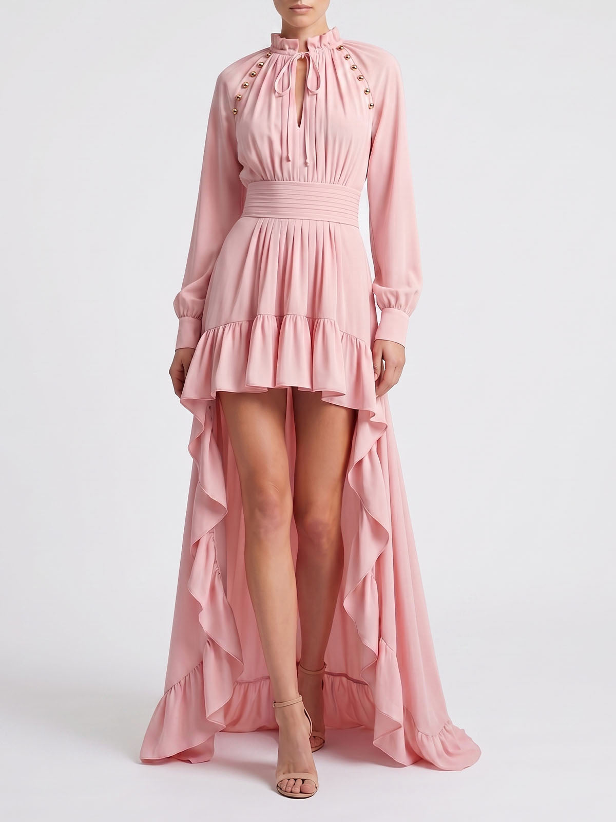 Flowy Ruffled Tie Neck Bishop Sleeve High Low Formal Dress - Pink