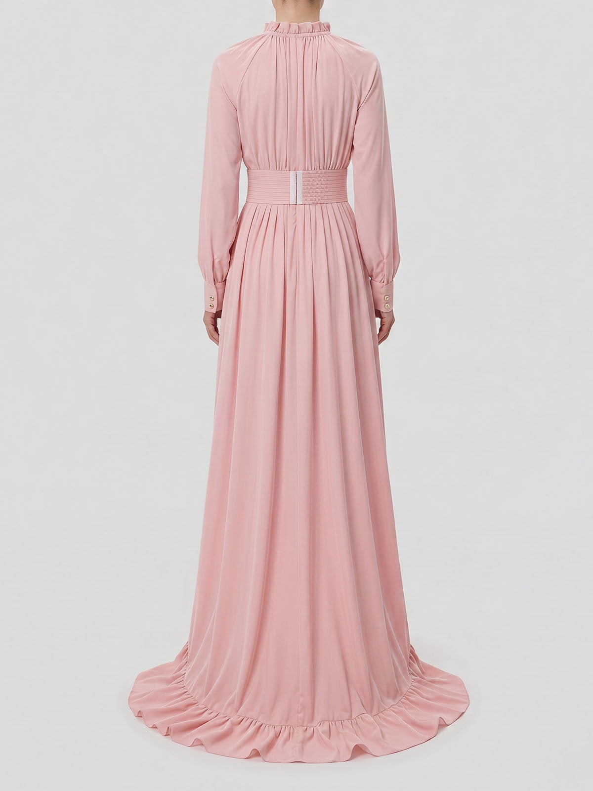 Flowy Ruffled Tie Neck Bishop Sleeve High Low Formal Dress - Pink
