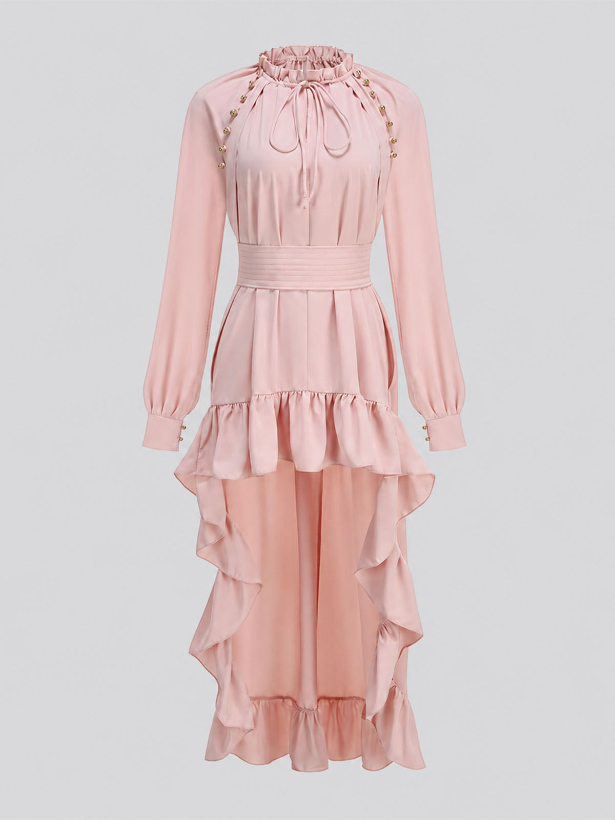 Flowy Ruffled Tie Neck Bishop Sleeve High Low Formal Dress - Pink