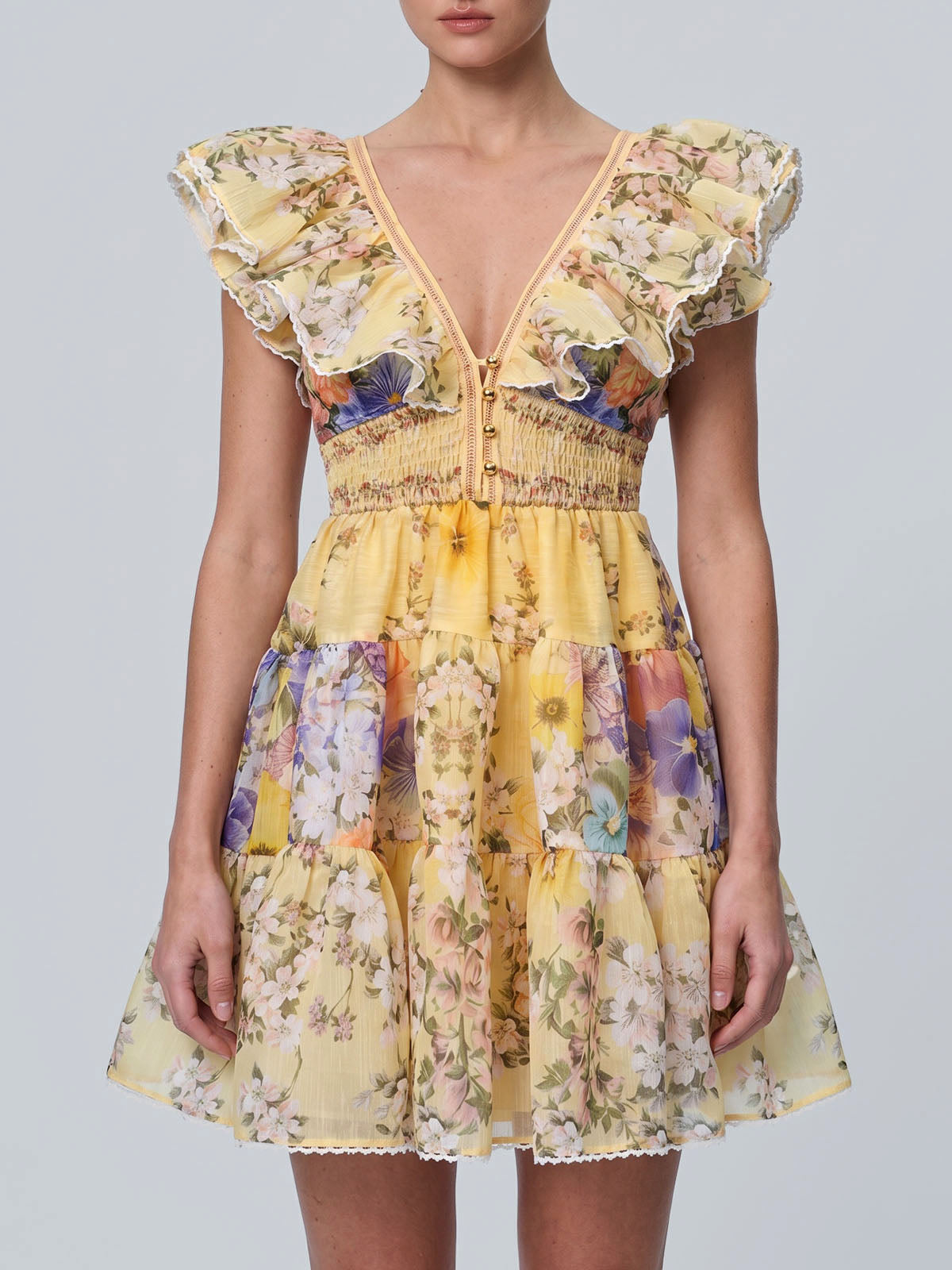 Flowy Ruffled V Neck Tie Back Tiered Boho Floral Mini Dress - Yellow