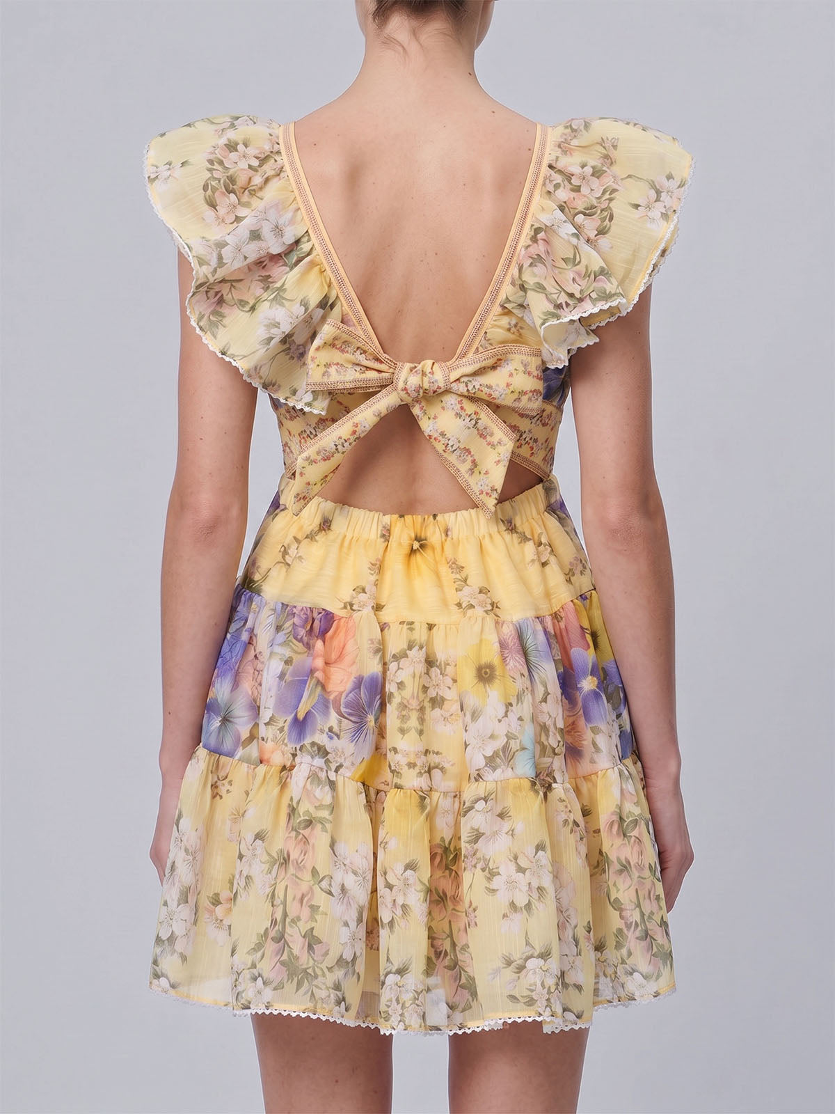 Flowy Ruffled V Neck Tie Back Tiered Boho Floral Mini Dress - Yellow