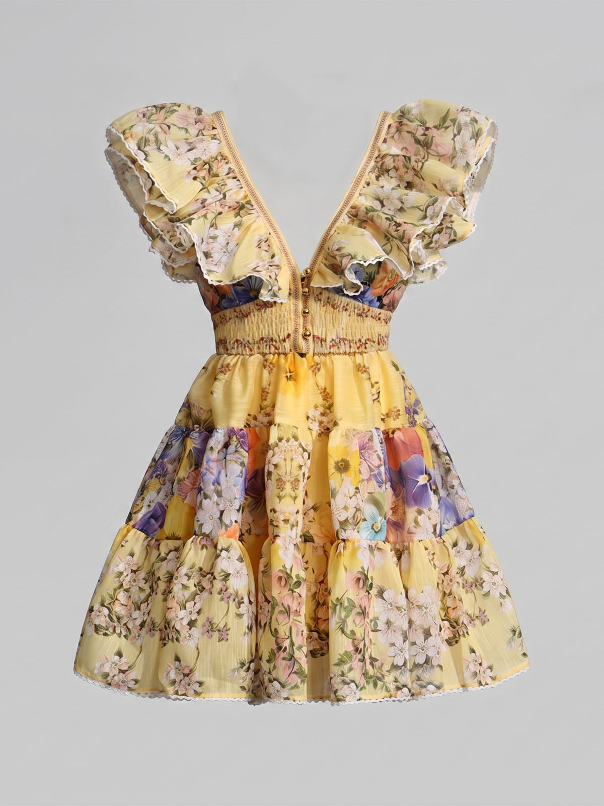 Flowy Ruffled V Neck Tie Back Tiered Boho Floral Mini Dress - Yellow