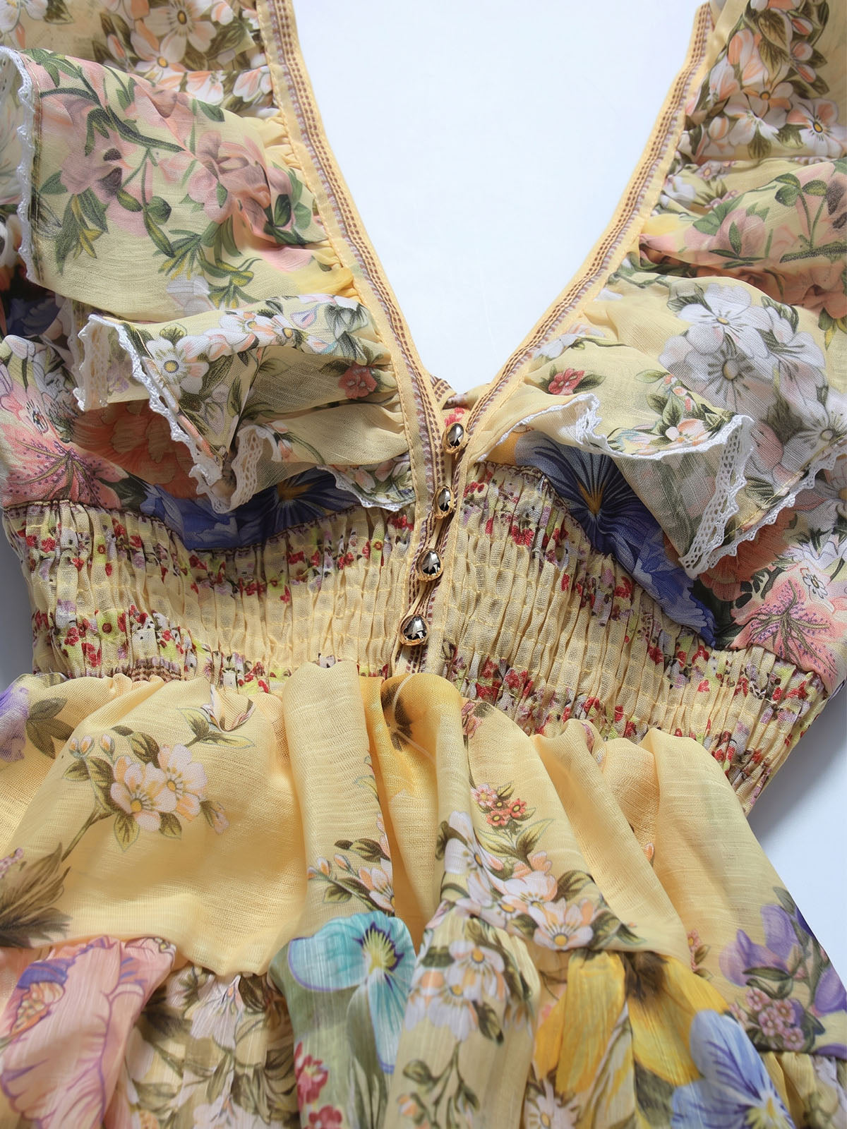 Flowy Ruffled V Neck Tie Back Tiered Boho Floral Mini Dress - Yellow