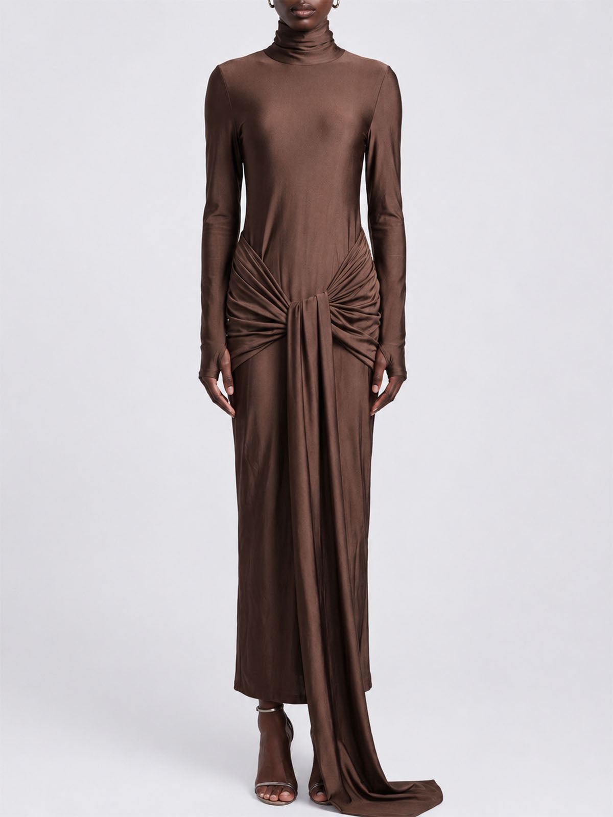 Flowy Tie Front Turtleneck Long Sleeve Formal Maxi Dress - Brown