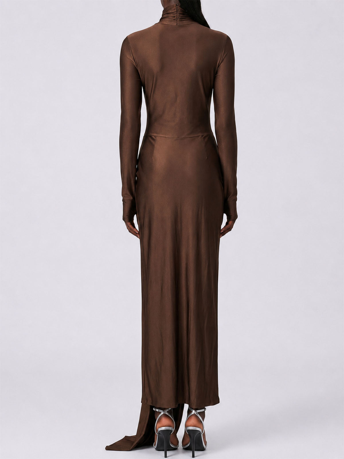 Flowy Tie Front Turtleneck Long Sleeve Formal Maxi Dress - Brown