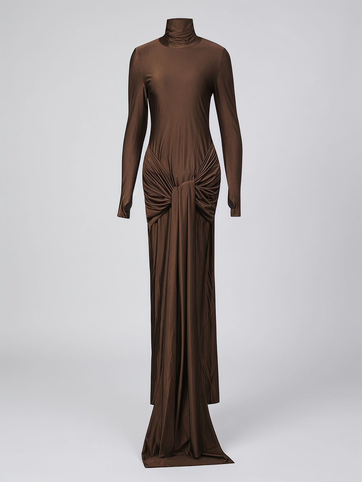 Flowy Tie Front Turtleneck Long Sleeve Formal Maxi Dress - Brown