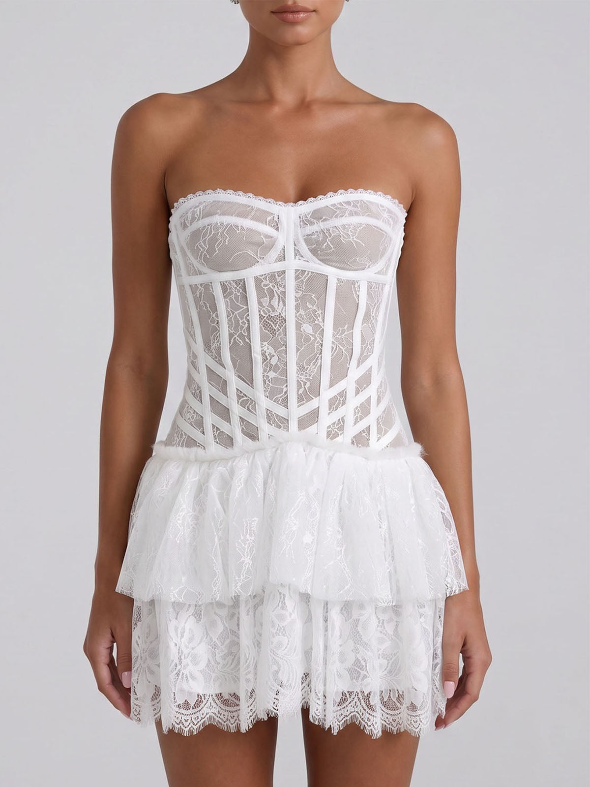 Flowy Tiered Lace Corset Strapless Homecoming Mini Dress - White