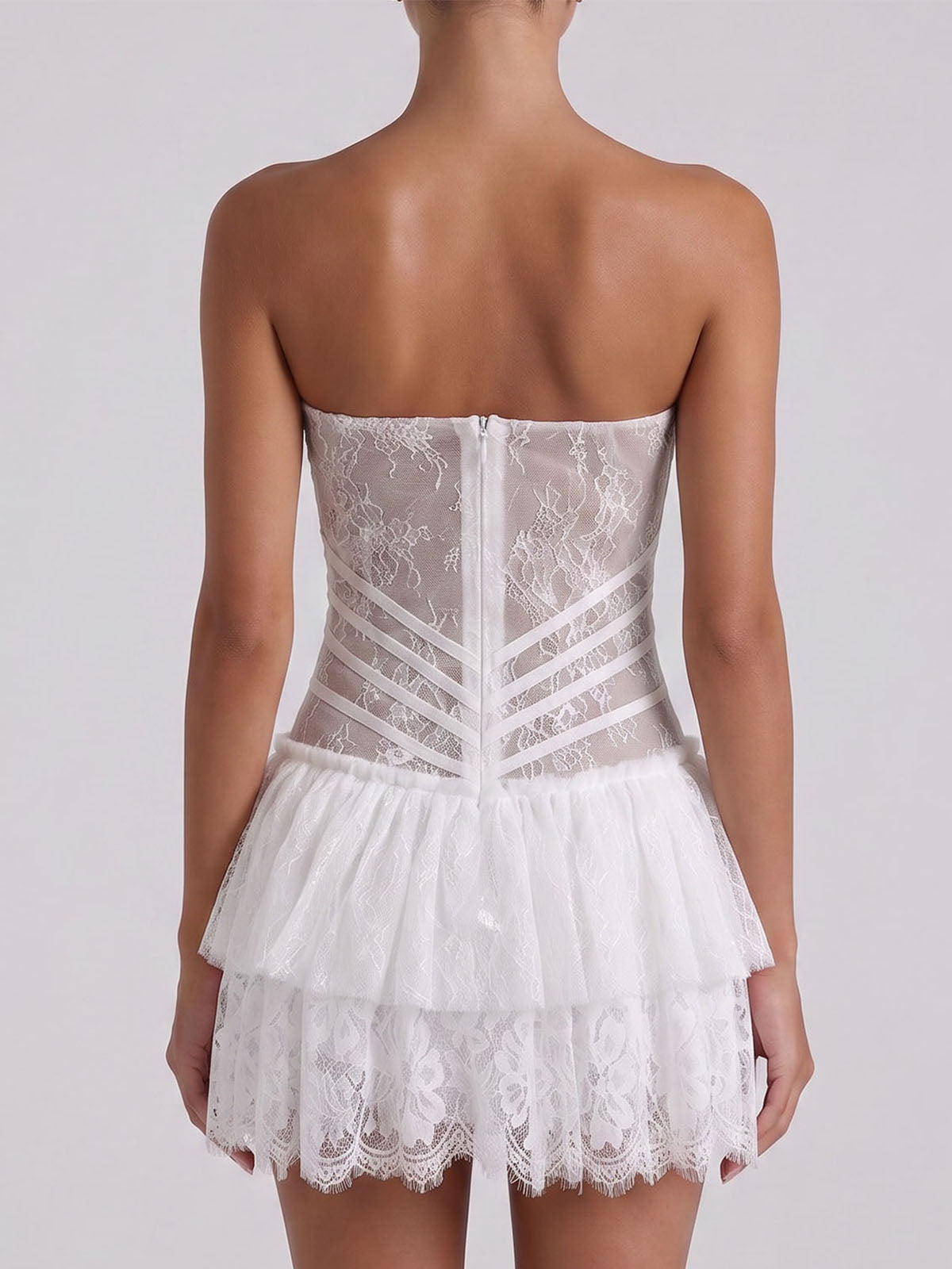 Flowy Tiered Lace Corset Strapless Homecoming Mini Dress - White