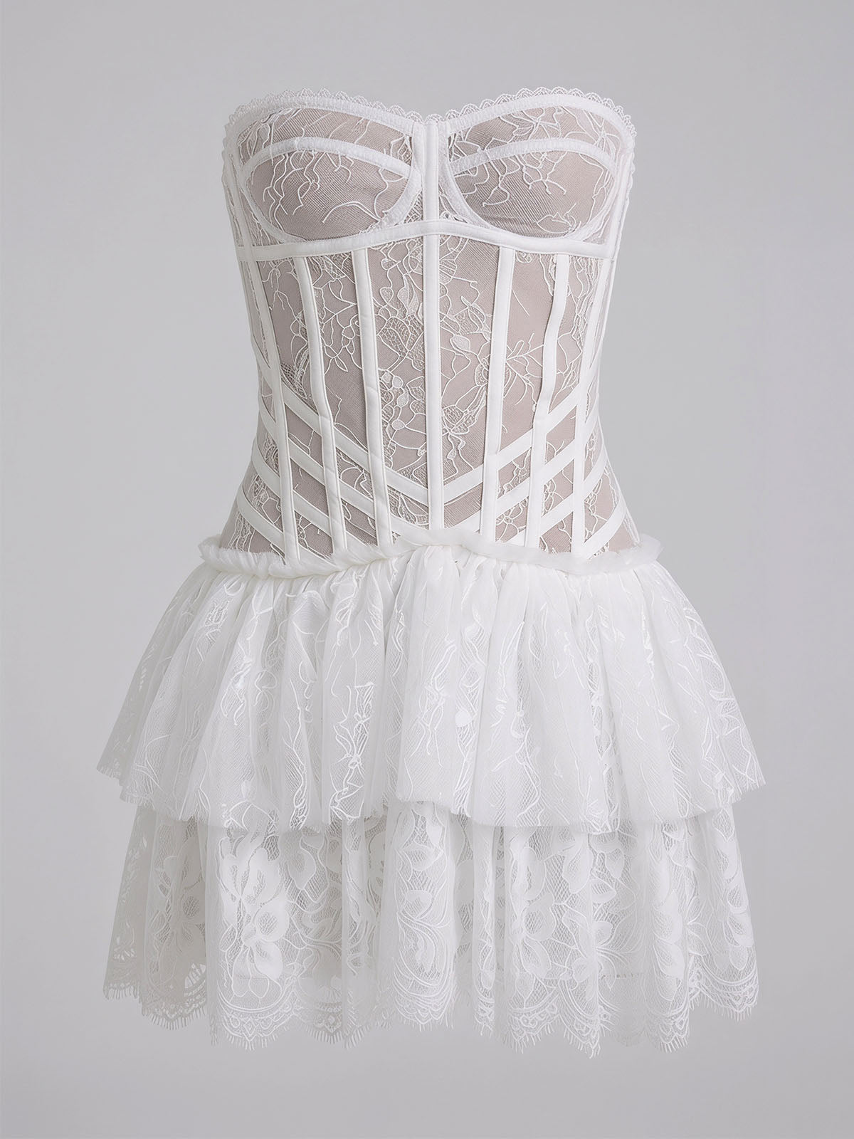 Flowy Tiered Lace Corset Strapless Homecoming Mini Dress - White