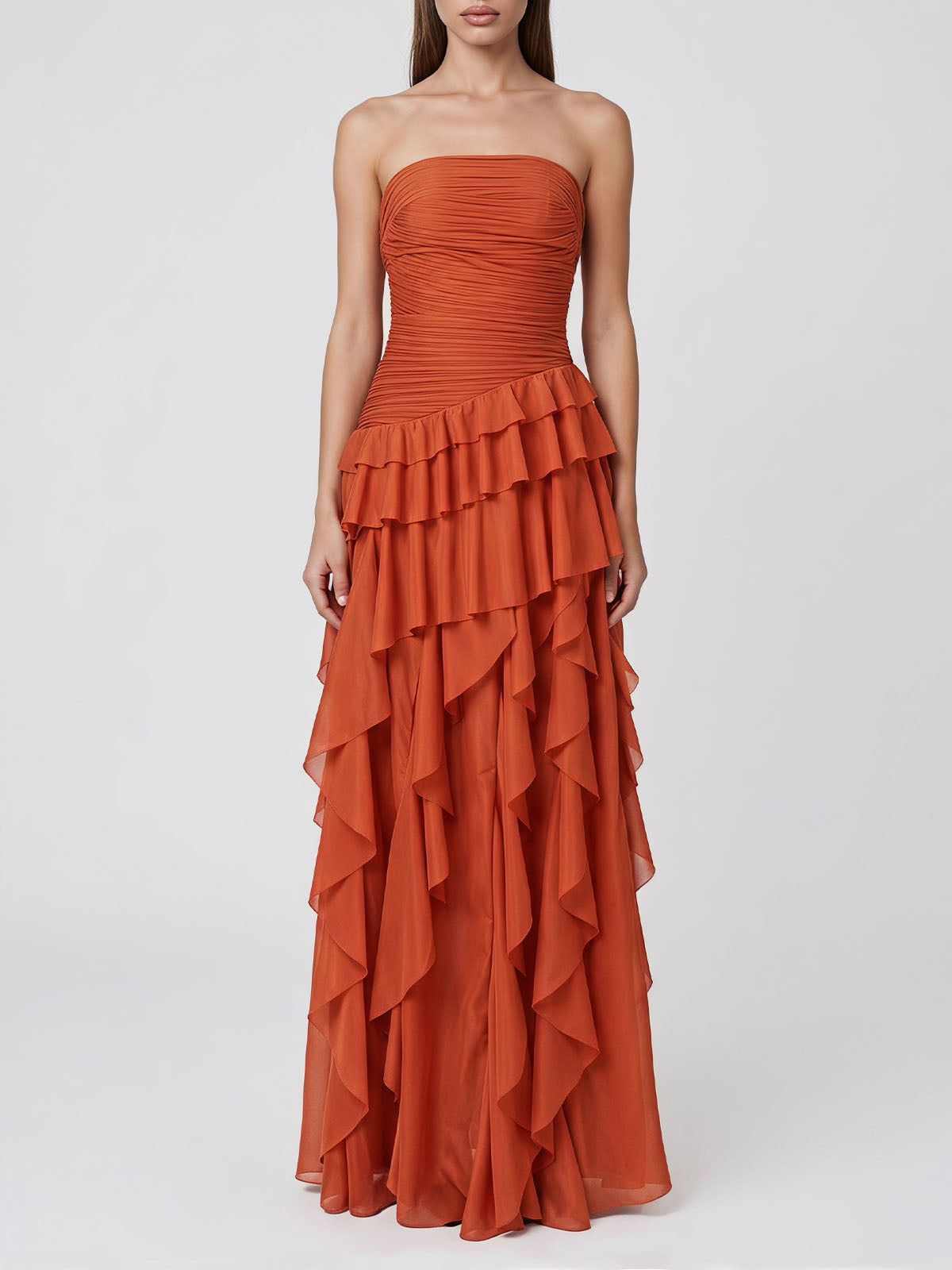 Flowy Tiered Ruffle Pleated Strapless Formal Maxi Dress - Burnt Orange