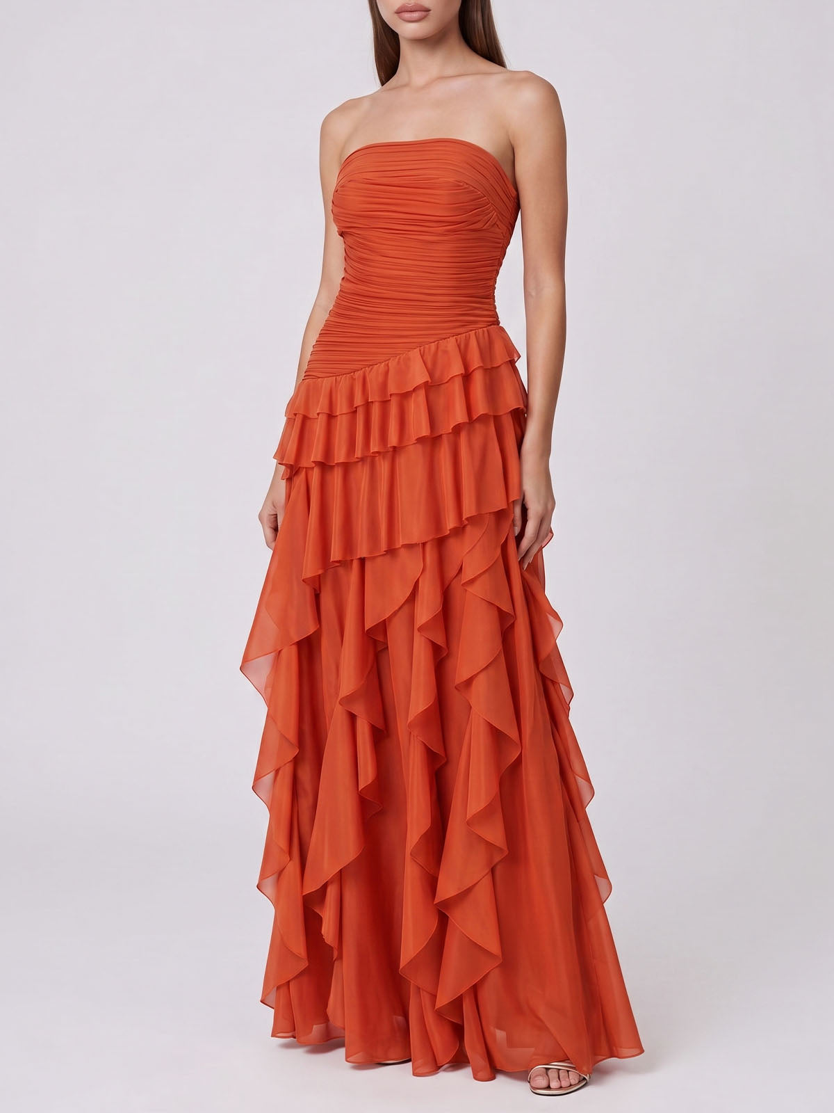 Flowy Tiered Ruffle Pleated Strapless Formal Maxi Dress - Burnt Orange