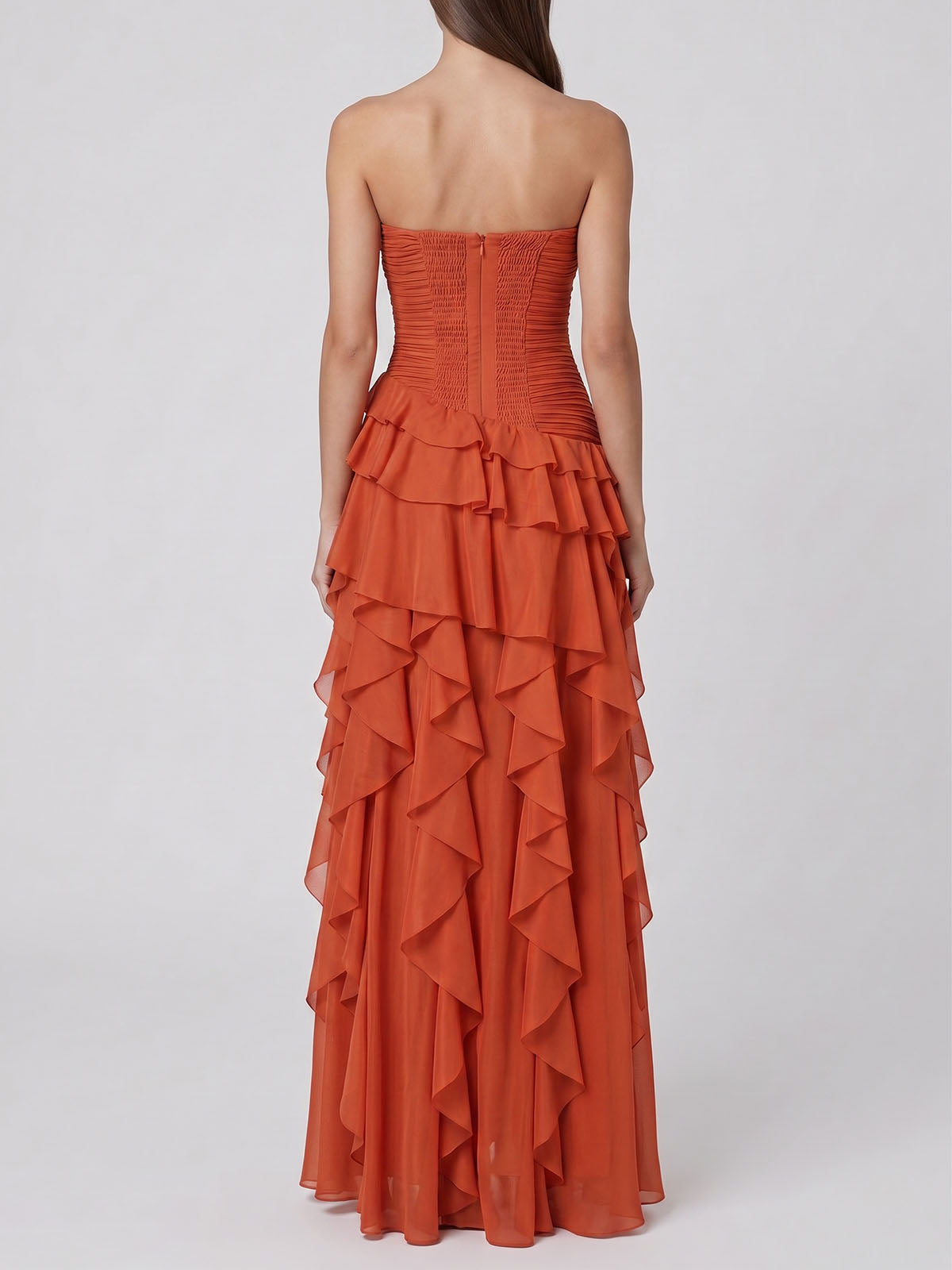 Flowy Tiered Ruffle Pleated Strapless Formal Maxi Dress - Burnt Orange