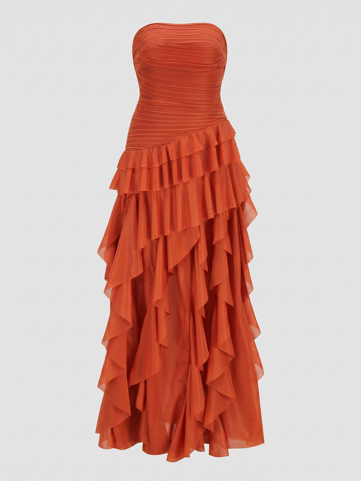 Flowy Tiered Ruffle Pleated Strapless Formal Maxi Dress - Burnt Orange