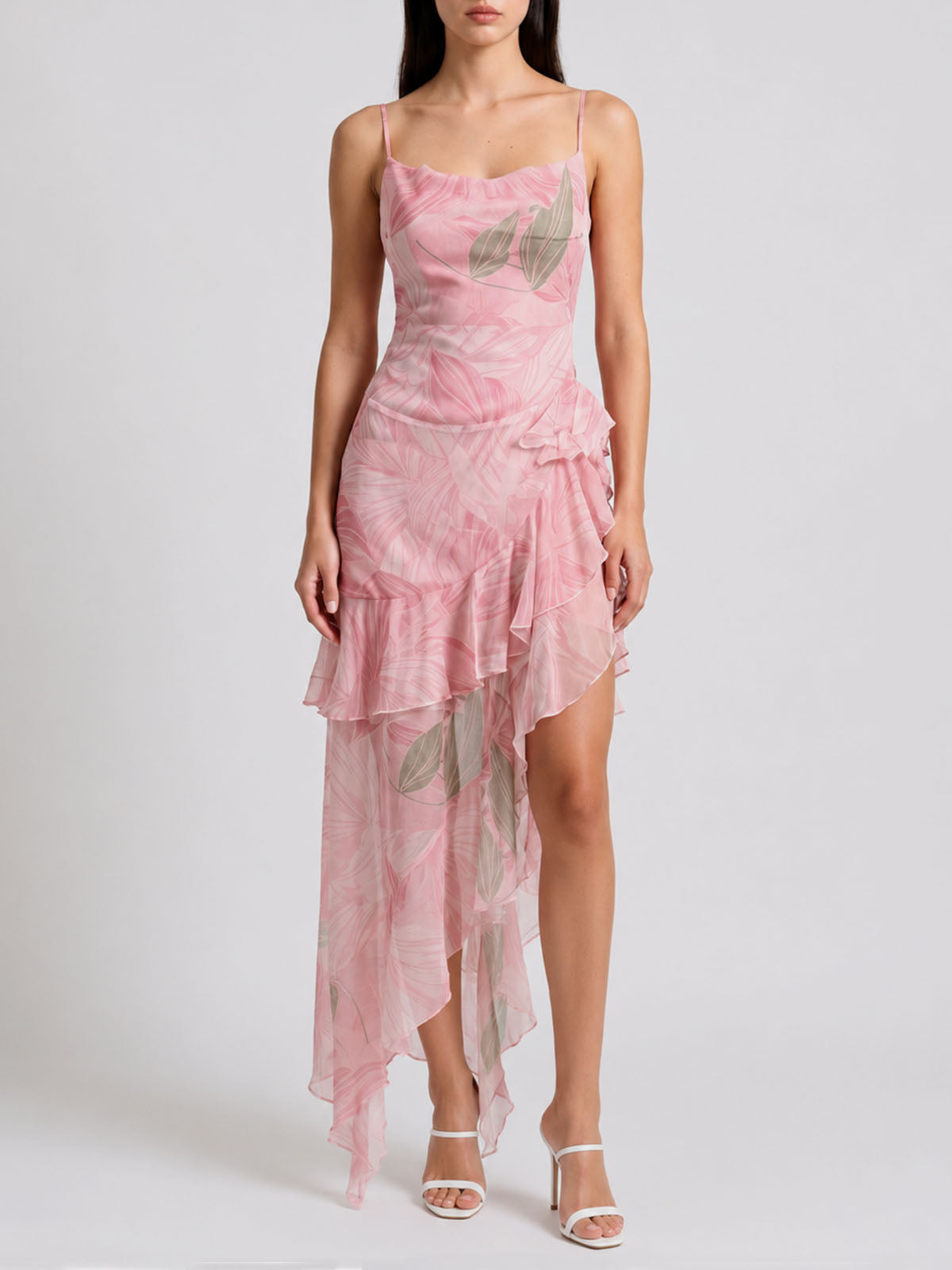 Flowy Watercolor Floral Chiffon Spaghetti Tiered Ruffle Maxi Dress - Pink