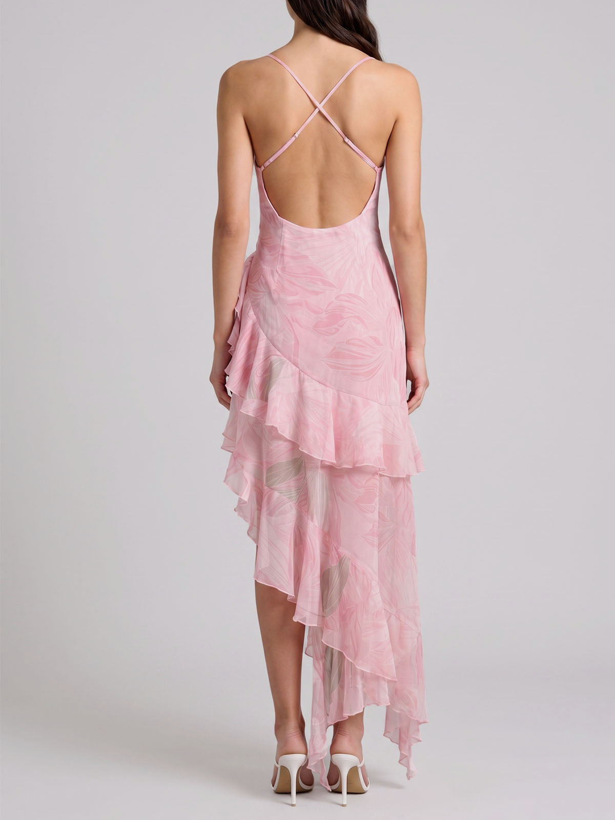 Flowy Watercolor Floral Chiffon Spaghetti Tiered Ruffle Maxi Dress - Pink