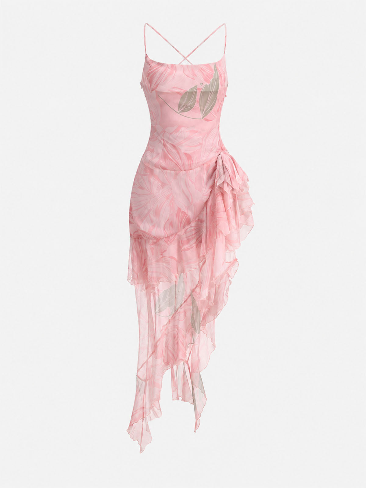 Flowy Watercolor Floral Chiffon Spaghetti Tiered Ruffle Maxi Dress - Pink