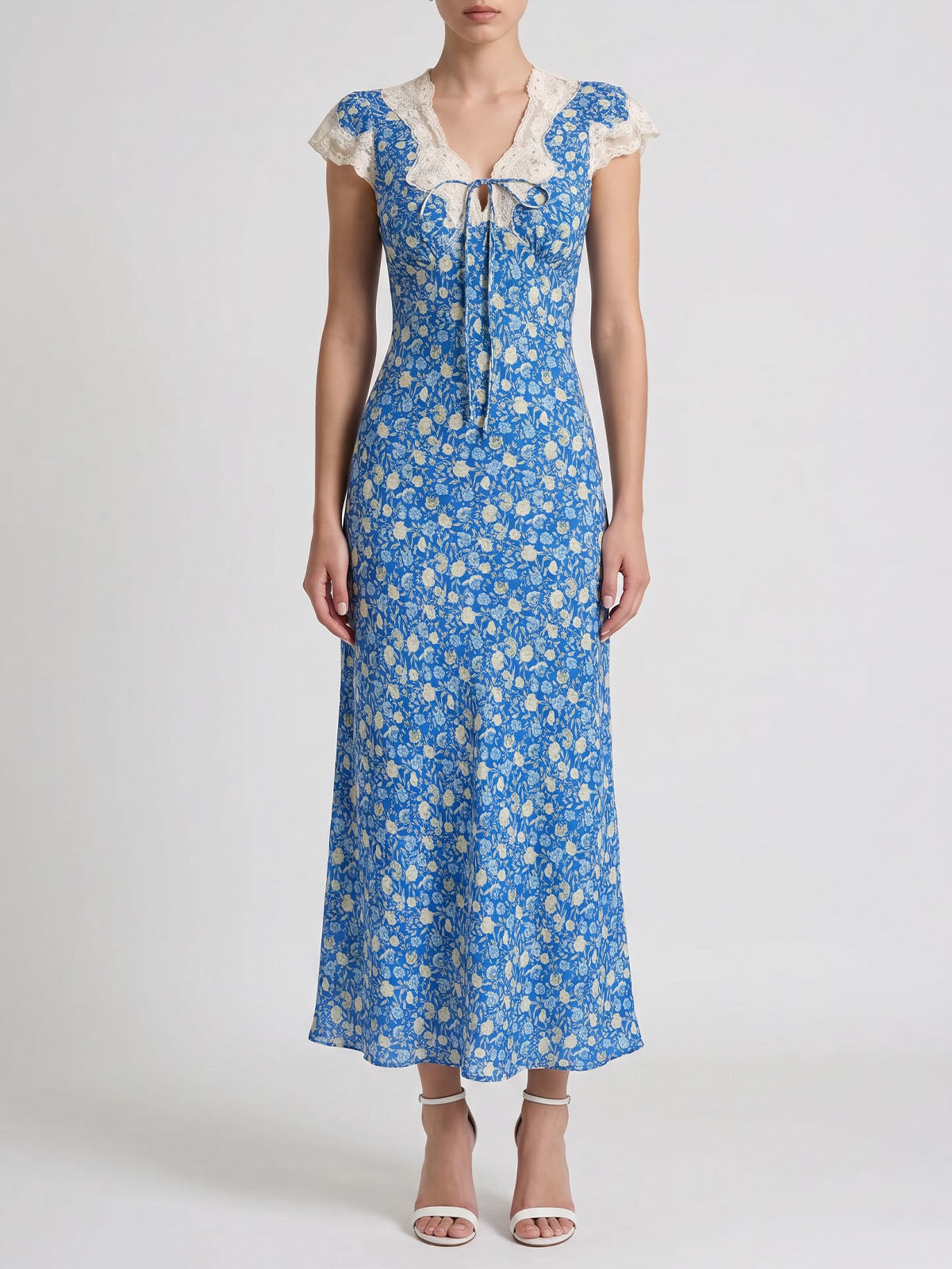 French Lace Trim V Neck Cap Sleeve Floral Print Midi Dress - Light Blue